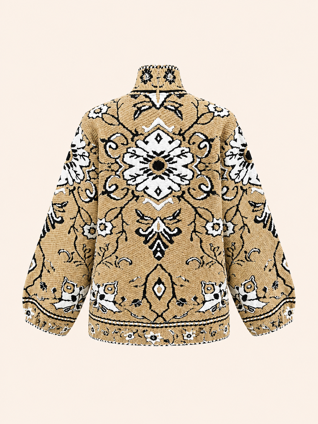 Women's Relaxed Fit Camel Floral Embroidered Cardigan Jacket