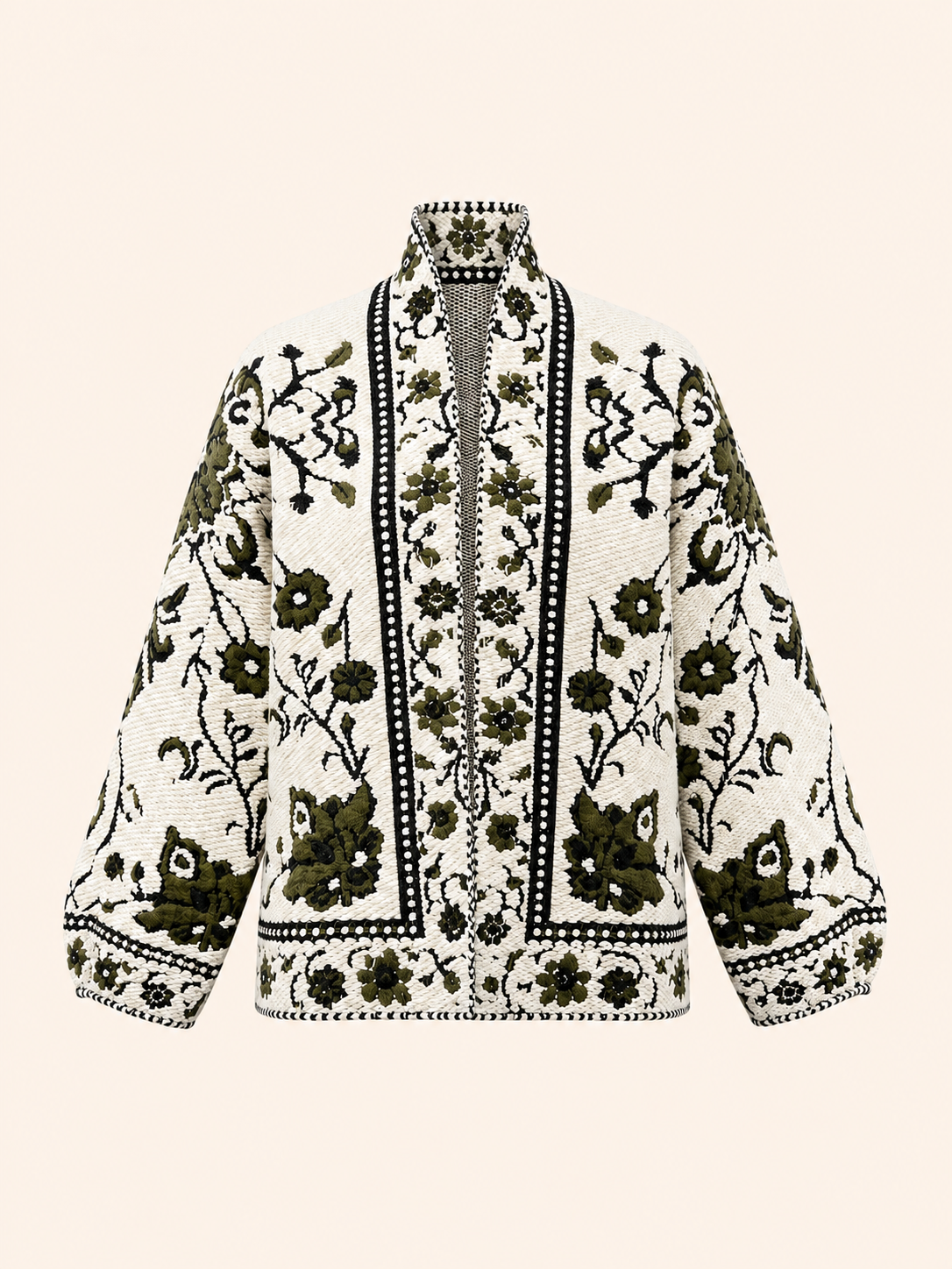 Women's Relaxed Fit Ivory & Olive Floral Embroidered Cardigan Jacket