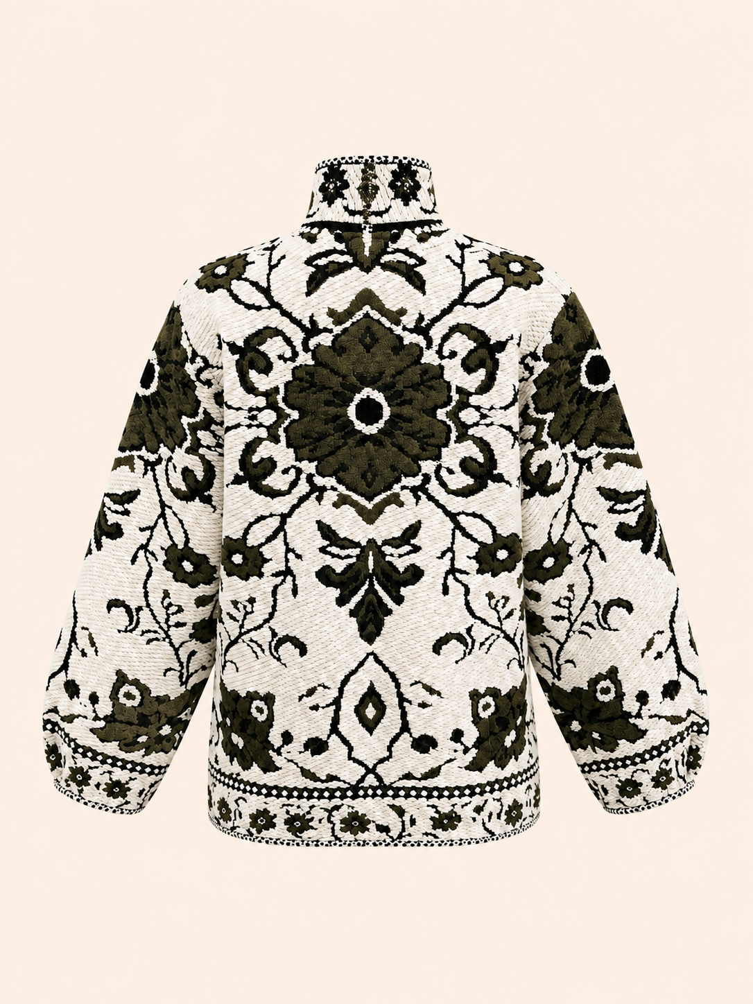Women's Relaxed Fit Ivory & Olive Floral Embroidered Cardigan Jacket
