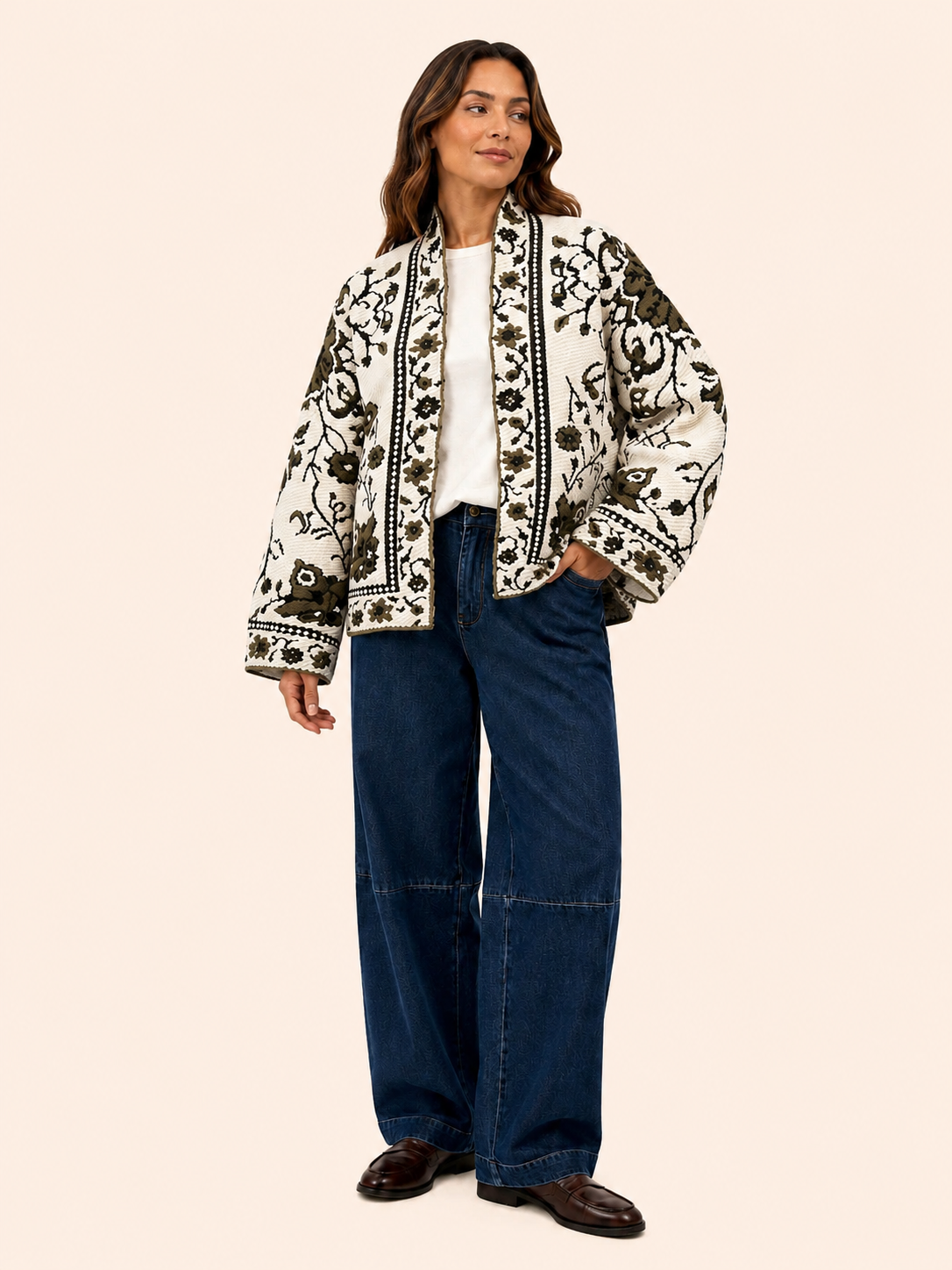 Women's Relaxed Fit Ivory & Olive Floral Embroidered Cardigan Jacket