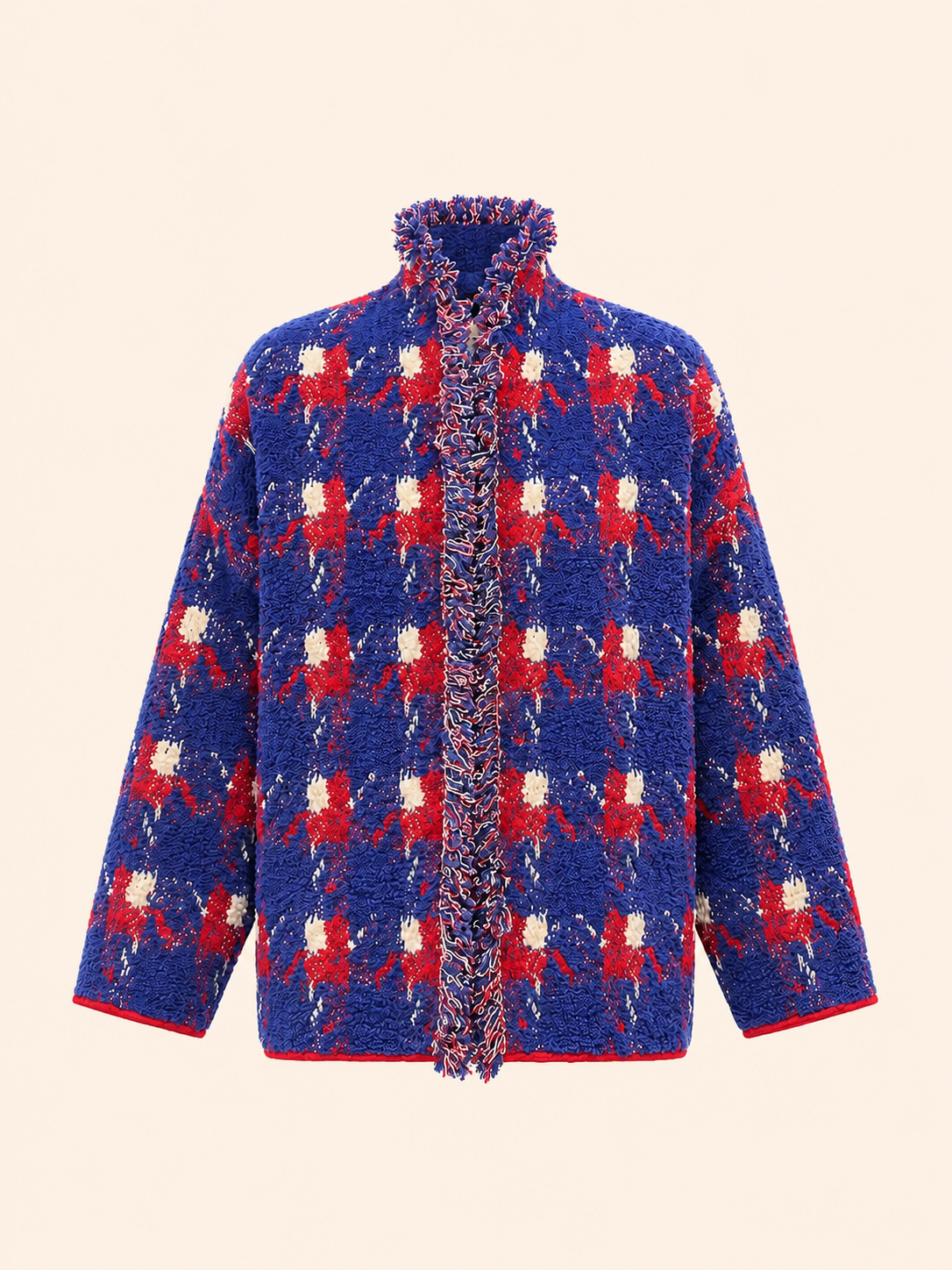 Women's Relaxed Fit Blue, Red & Cream Boucle Check Cardigan Jacket