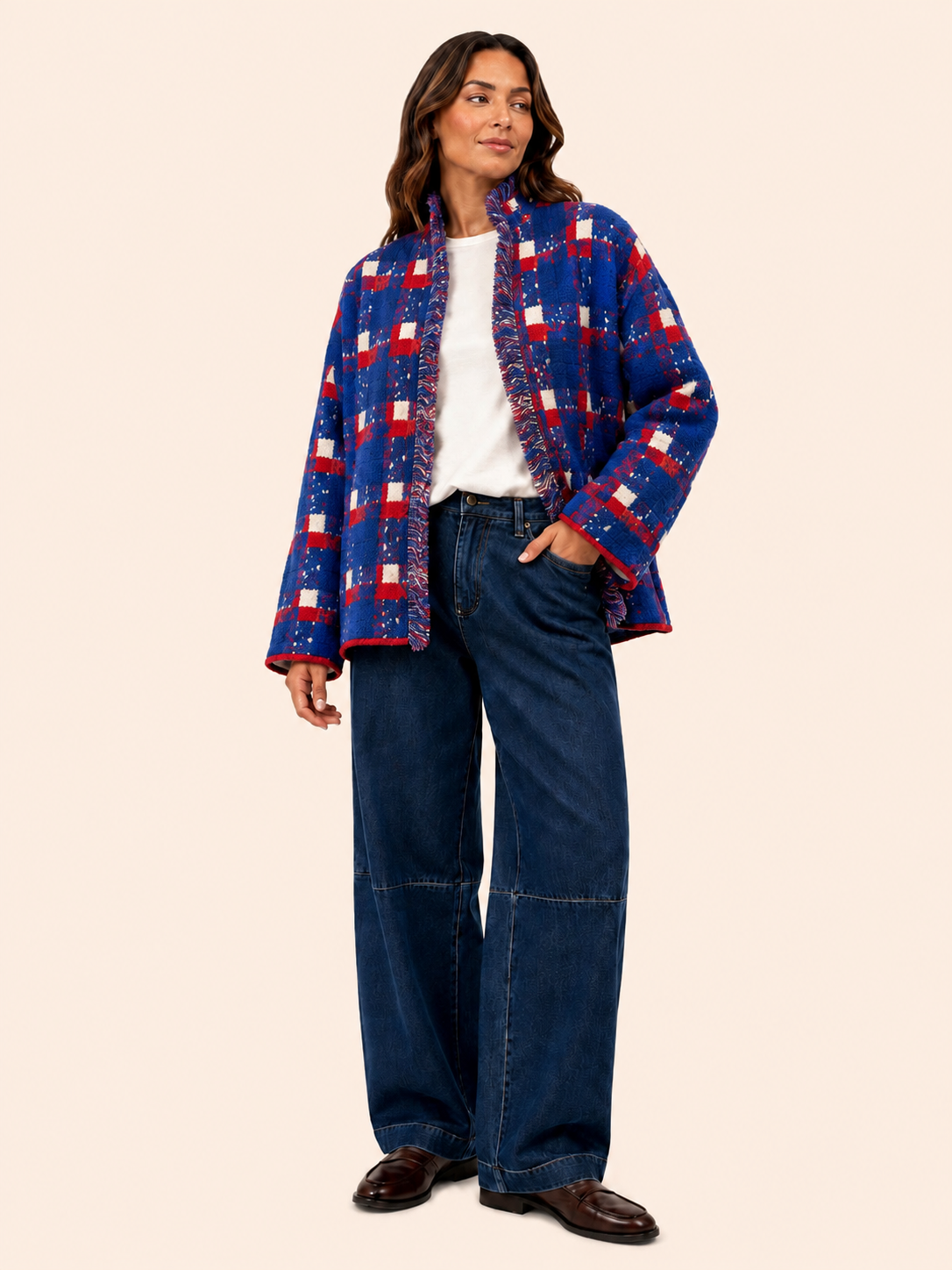 Women's Relaxed Fit Blue, Red & Cream Boucle Check Cardigan Jacket