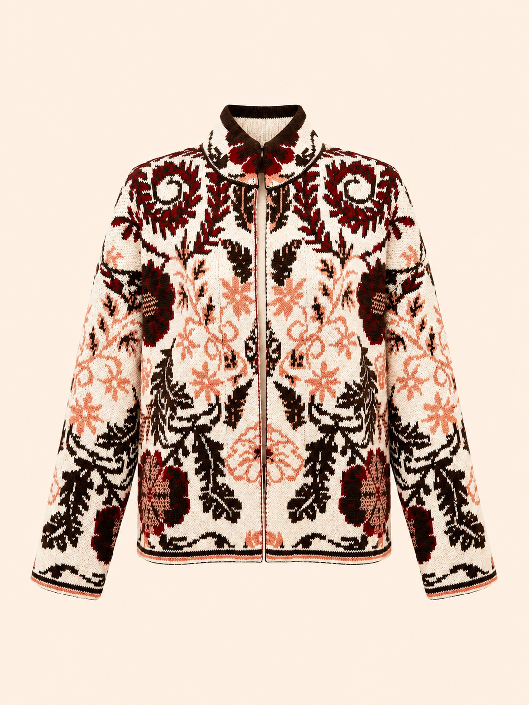 Women's Ivory Floral Jacquard Knit Cardigan Jacket