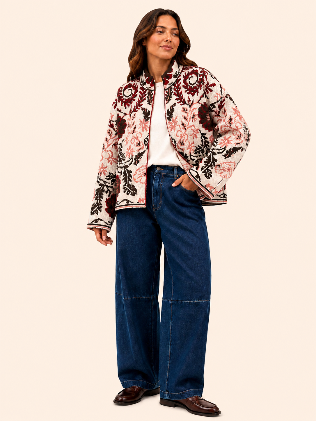 Women's Ivory Floral Jacquard Knit Cardigan Jacket