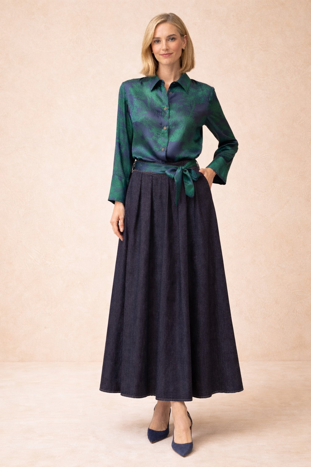Indigo Tie-Waist Denim Maxi Skirt