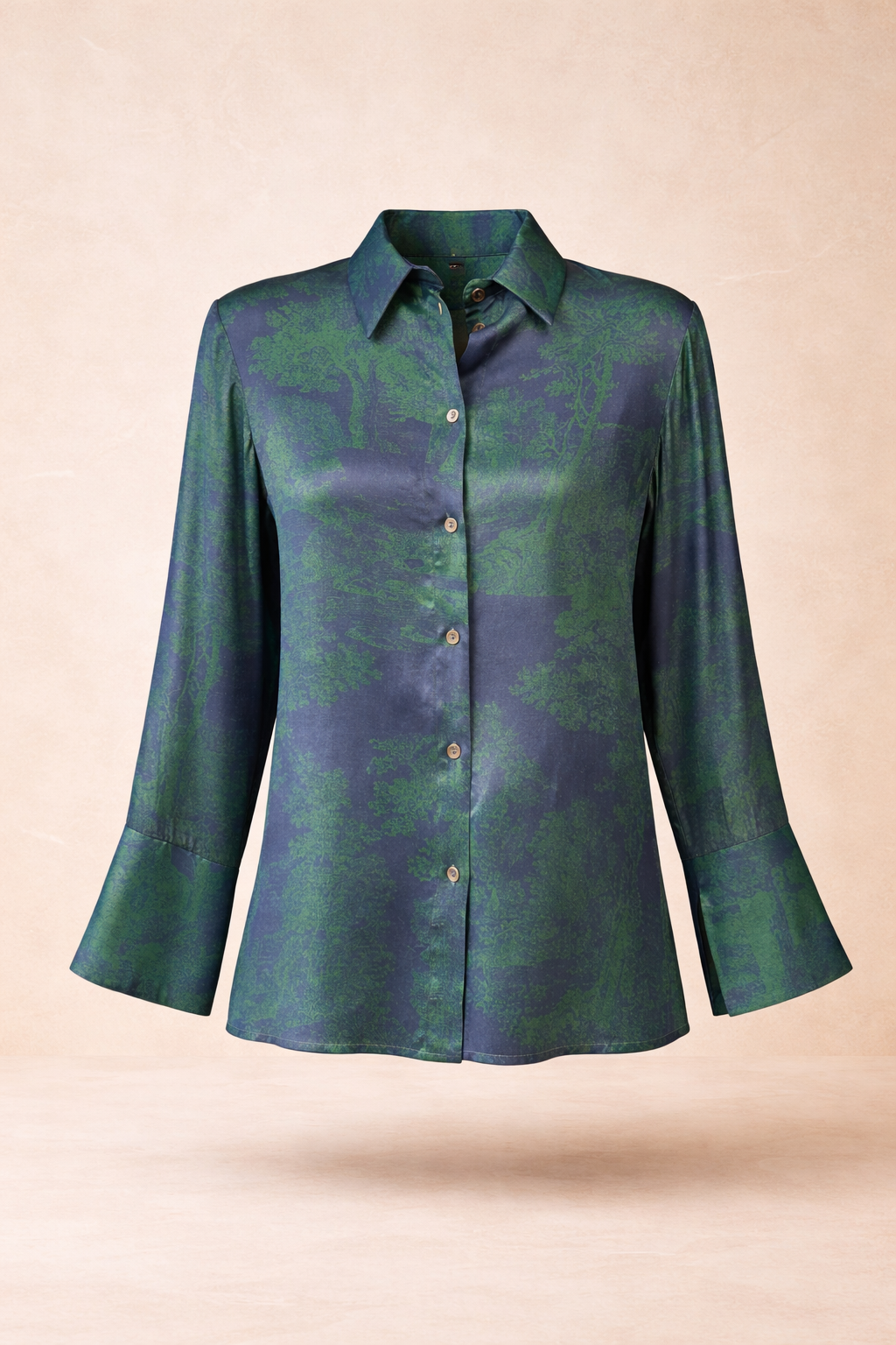 Emerald & Navy Viscose Button-Down Blouse