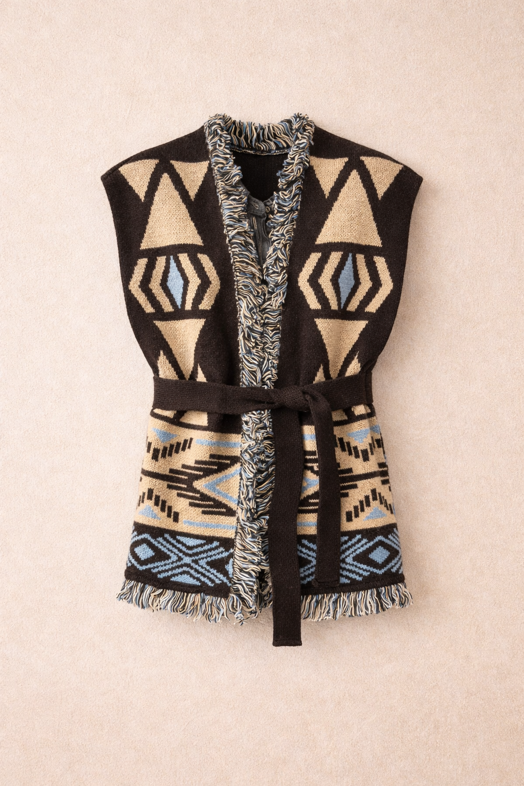Geometric Jacquard Knit Vest With Belt - Brown, Cream & Blue