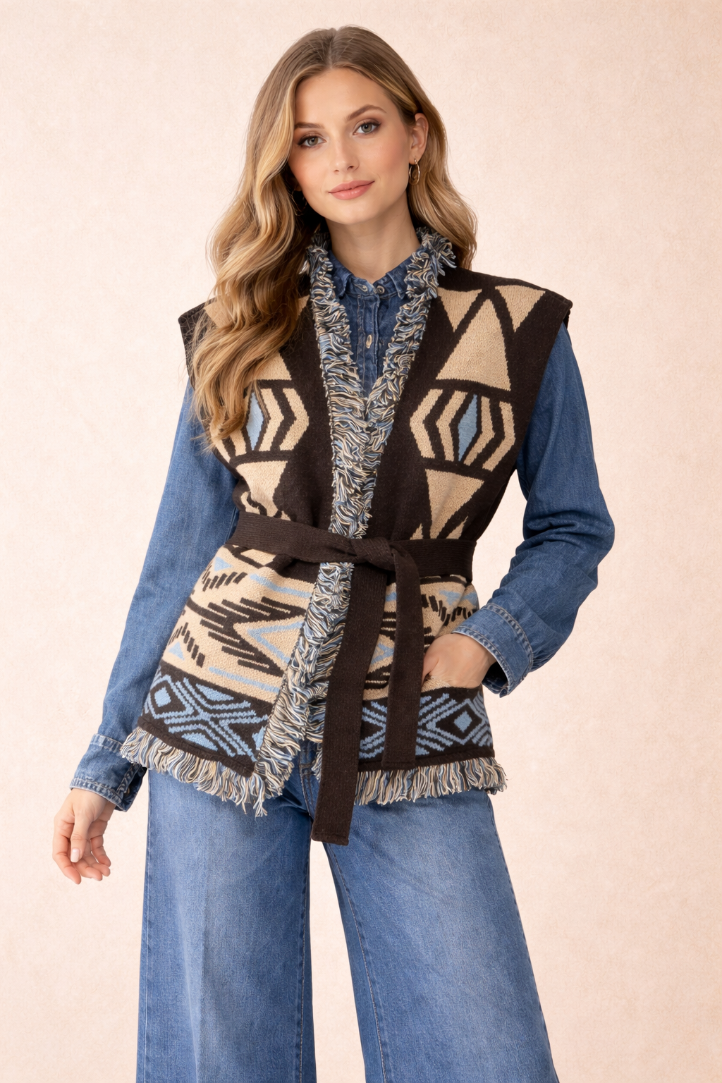 Geometric Jacquard Knit Vest With Belt - Brown, Cream & Blue