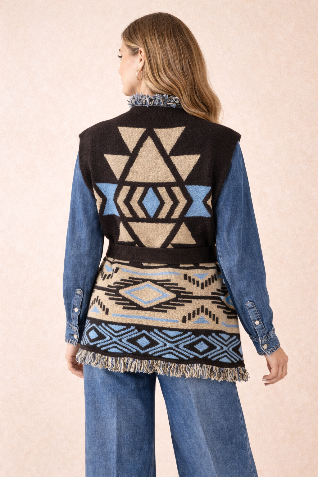 Geometric Jacquard Knit Vest With Belt - Brown, Cream & Blue