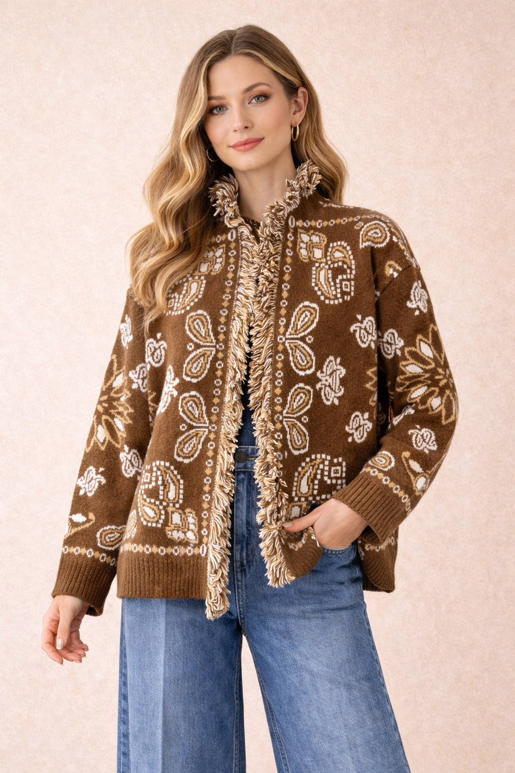 Brown Jacquard Knit Cardigan With Fringe Trim