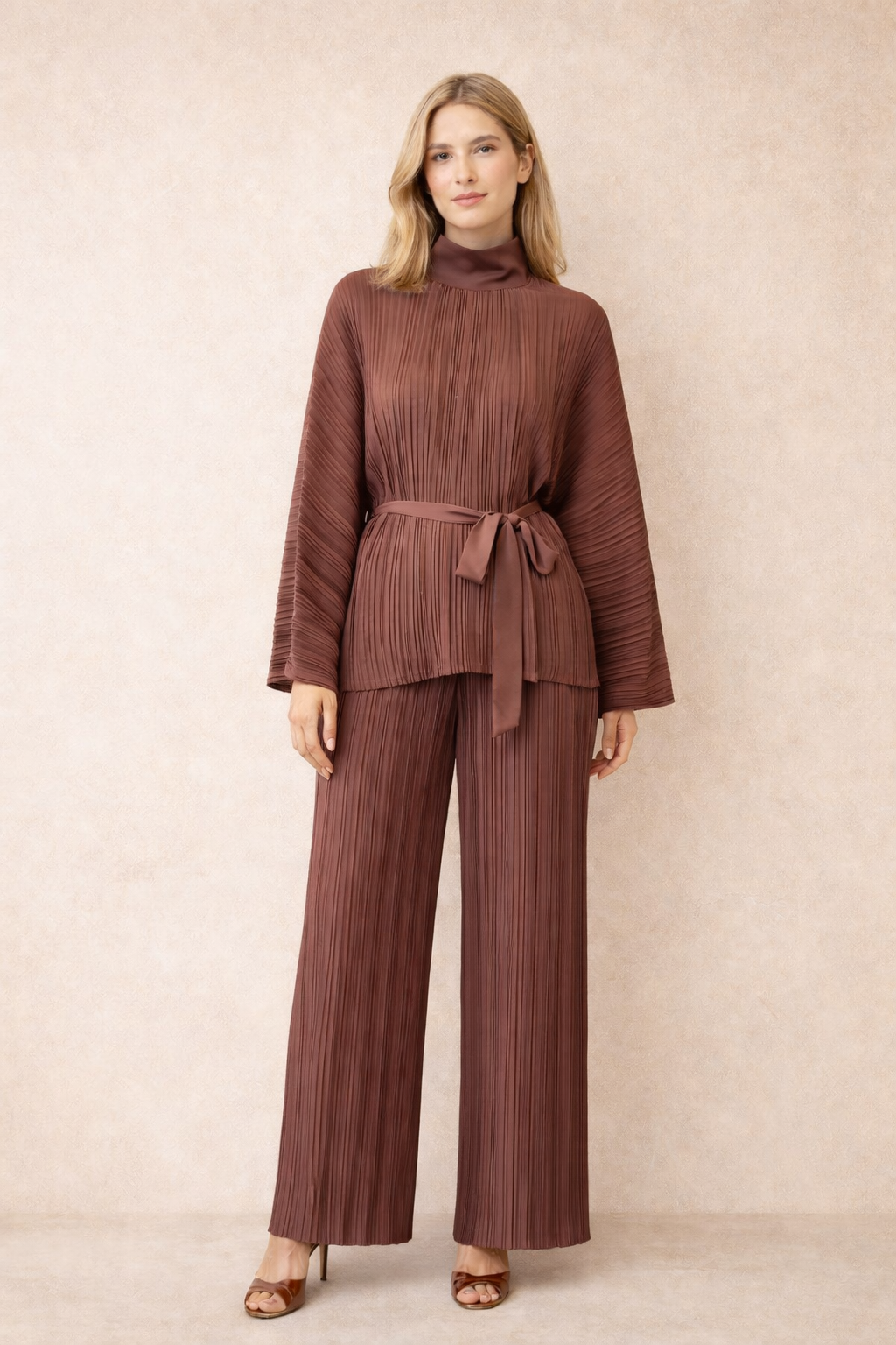 Brown Pleated Relaxed Fit Trousers