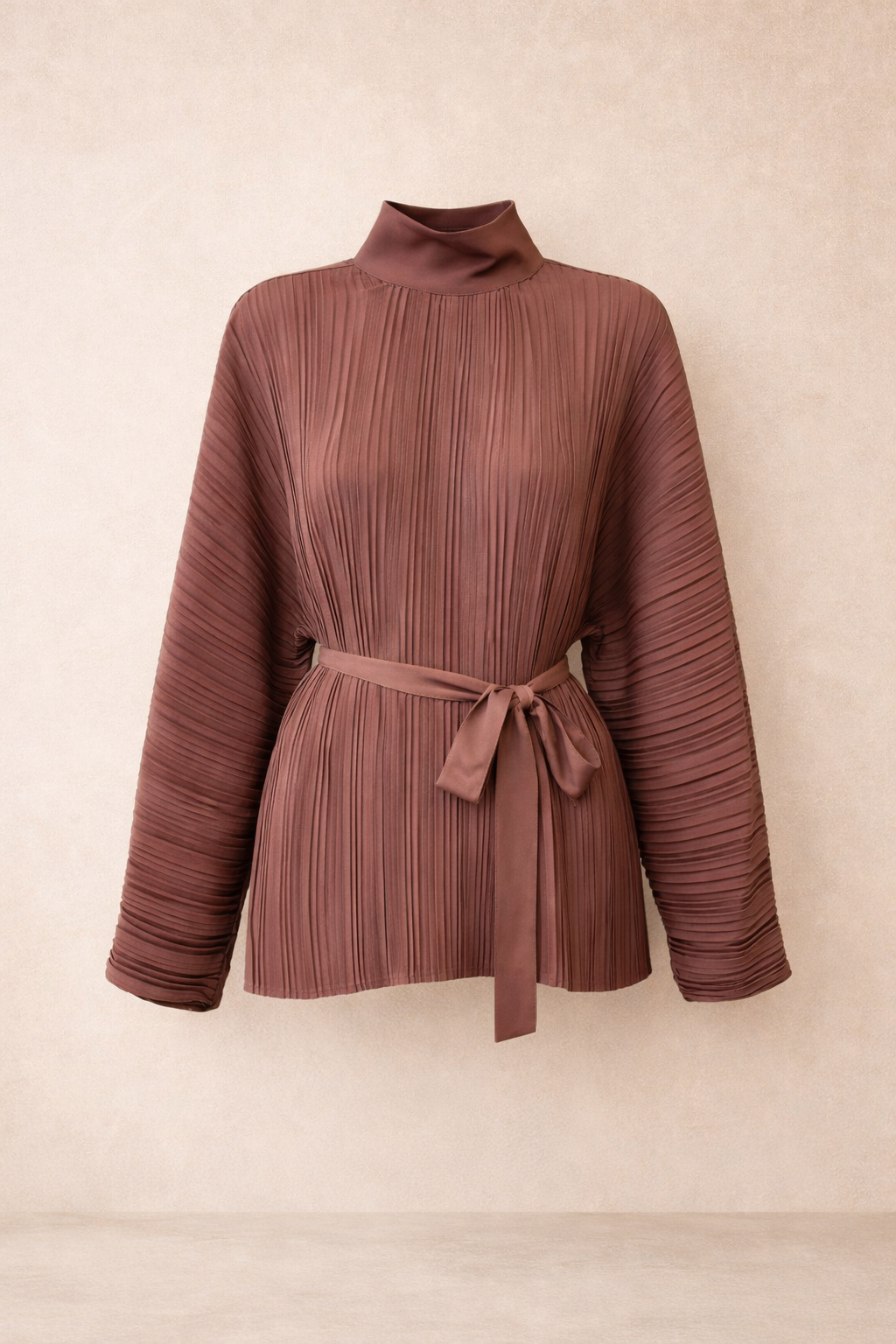 Brown Pleated Relaxed Fit Belted Top