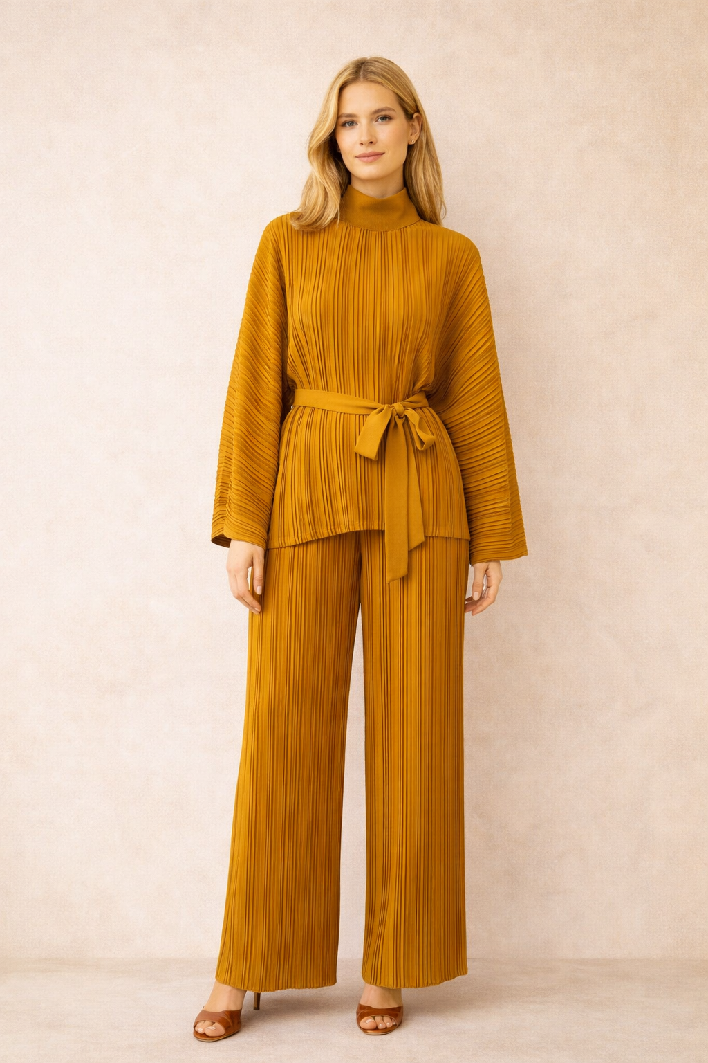 Mustard Pleated Relaxed Fit Belted Top