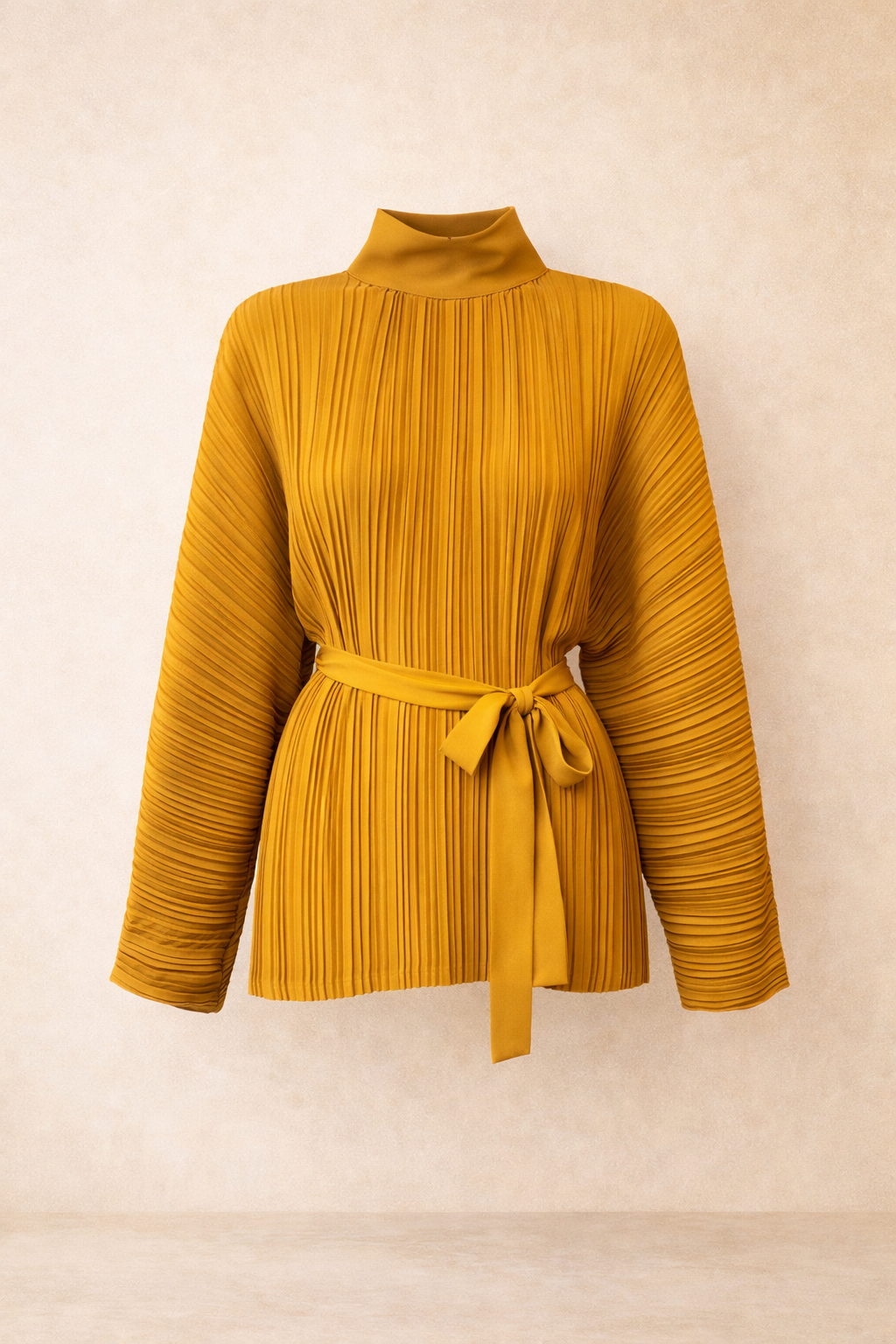 Mustard Pleated Relaxed Fit Belted Top