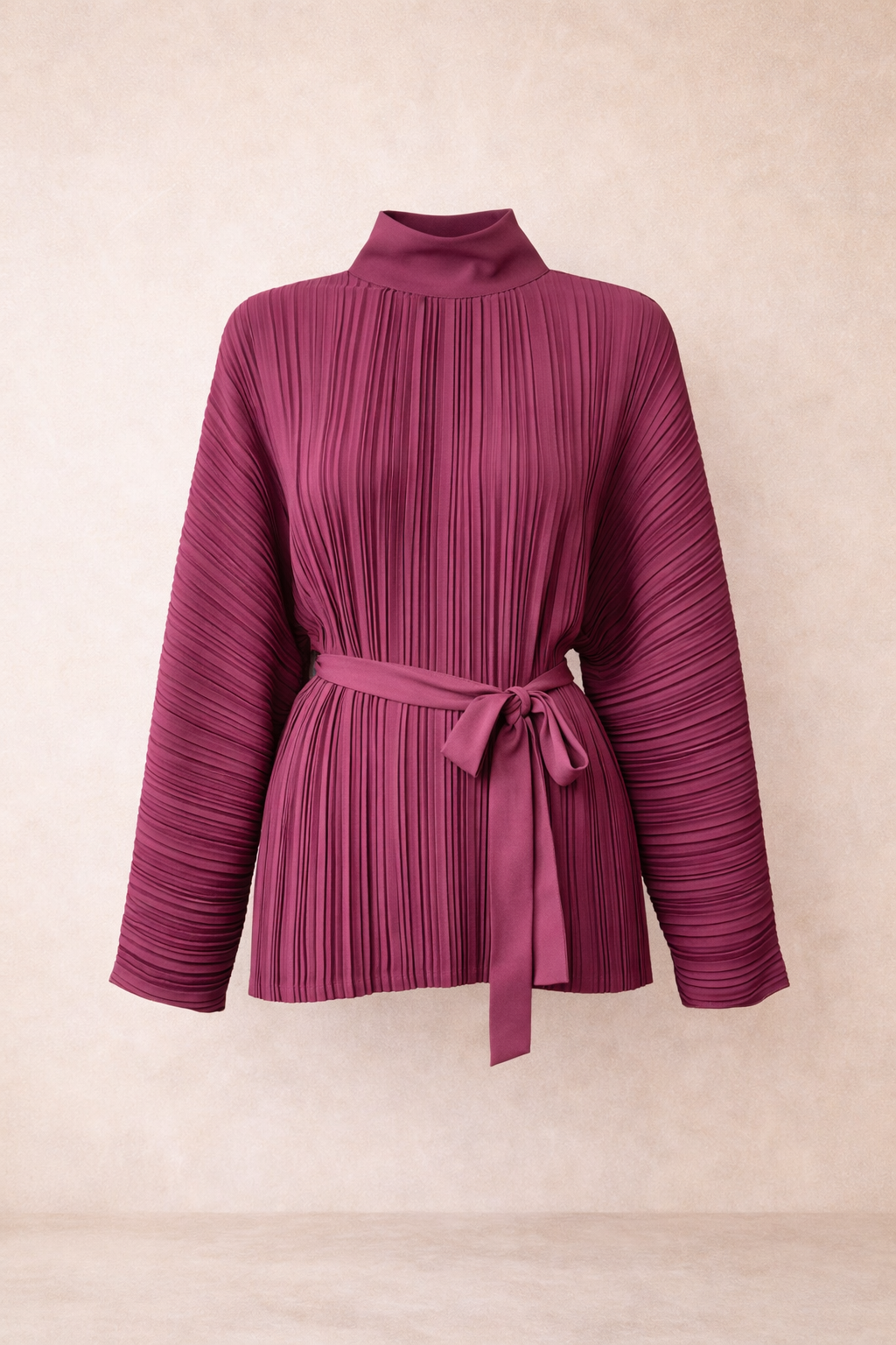 Burgundy Pleated Relaxed Fit Belted Top