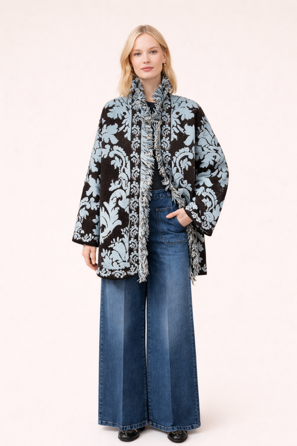 Brown Damask Fringe Relaxed-Fit Cardigan