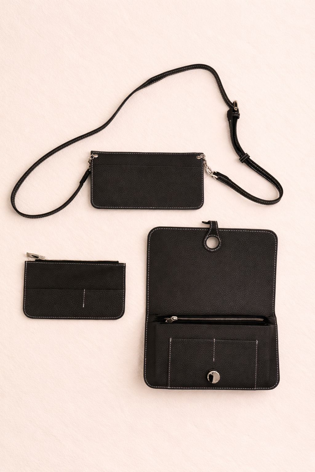 Luxe Black Leather Modular Crossbody Bag - Detachable Wallet & Adjustable Strap