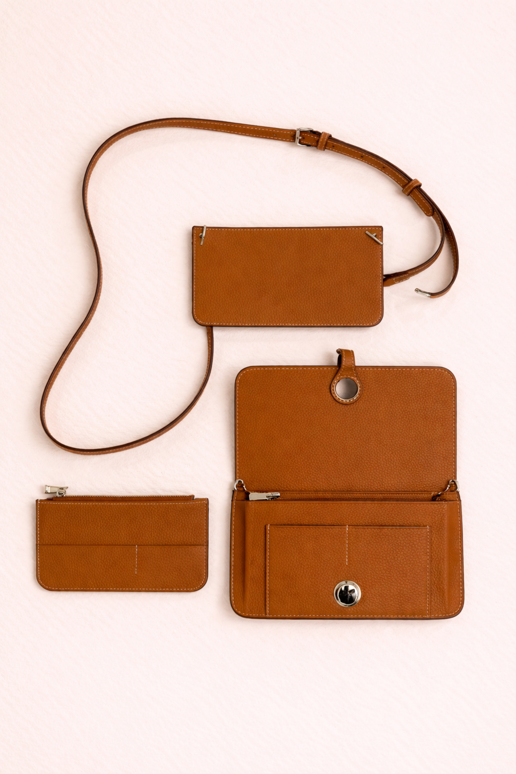 Luxe Cognac Leather Modular Crossbody Bag - Detachable Wallet & Adjustable Strap