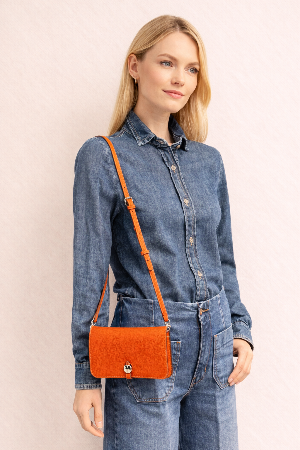 Luxe Orange Leather Modular Crossbody Bag - Detachable Wallet & Adjustable Strap