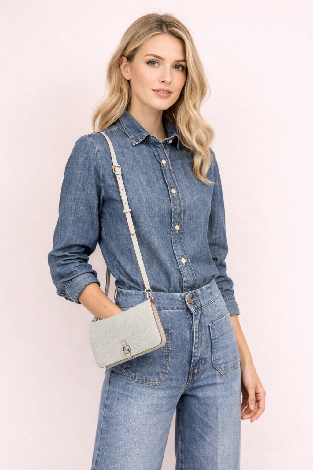 Luxe Light Blue Leather Modular Crossbody Bag - Detachable Wallet & Adjustable Strap
