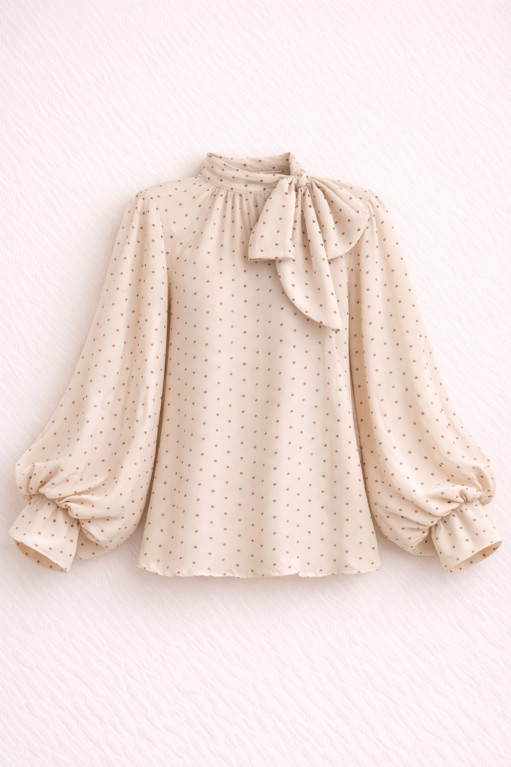 Relaxed Fit Women's Beige Polka Dot Blouse With Bow Tie Neck & Balloon Sleeves