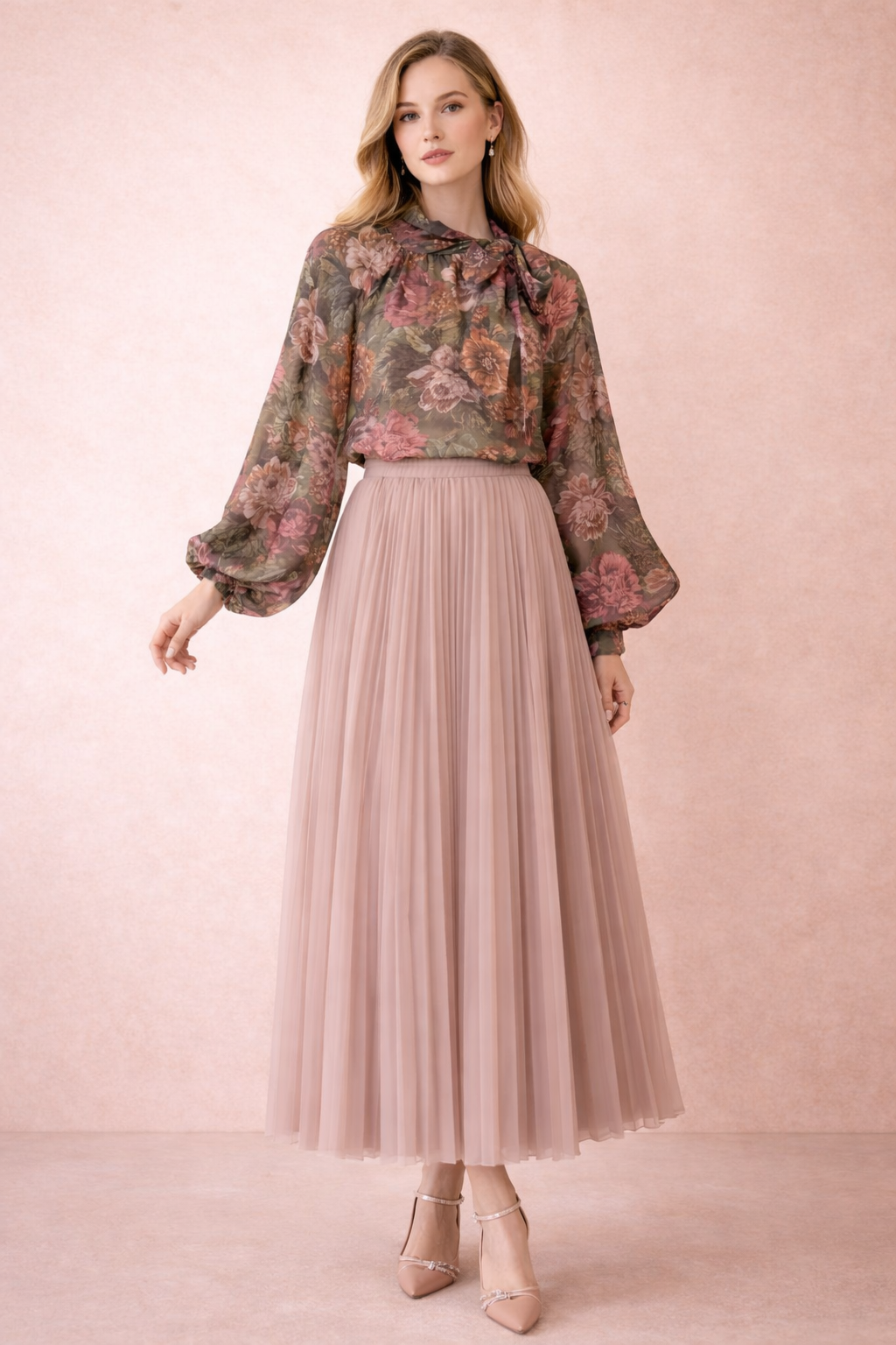 Blush Pink Pleated Maxi Skirt