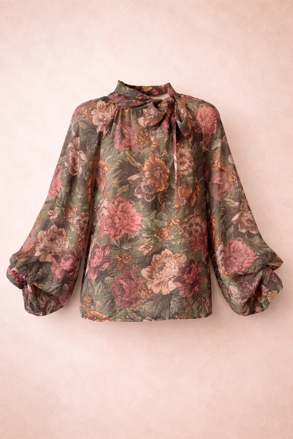 Relaxed Fit Floral Tie-Neck Blouse - Romantic Balloon Sleeves
