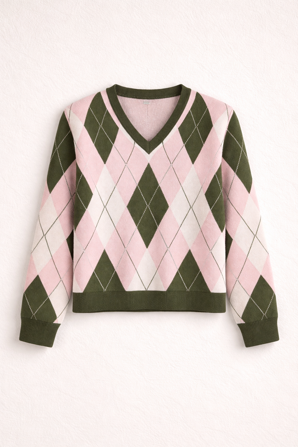 Pink & Olive Argyle V-Neck Knit Sweater - Soft Luxury Jumper