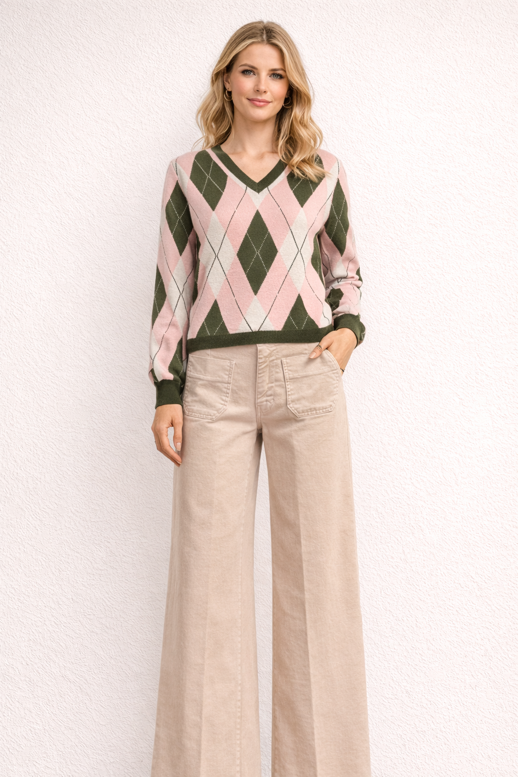 Pink & Olive Argyle V-Neck Knit Sweater - Soft Luxury Jumper