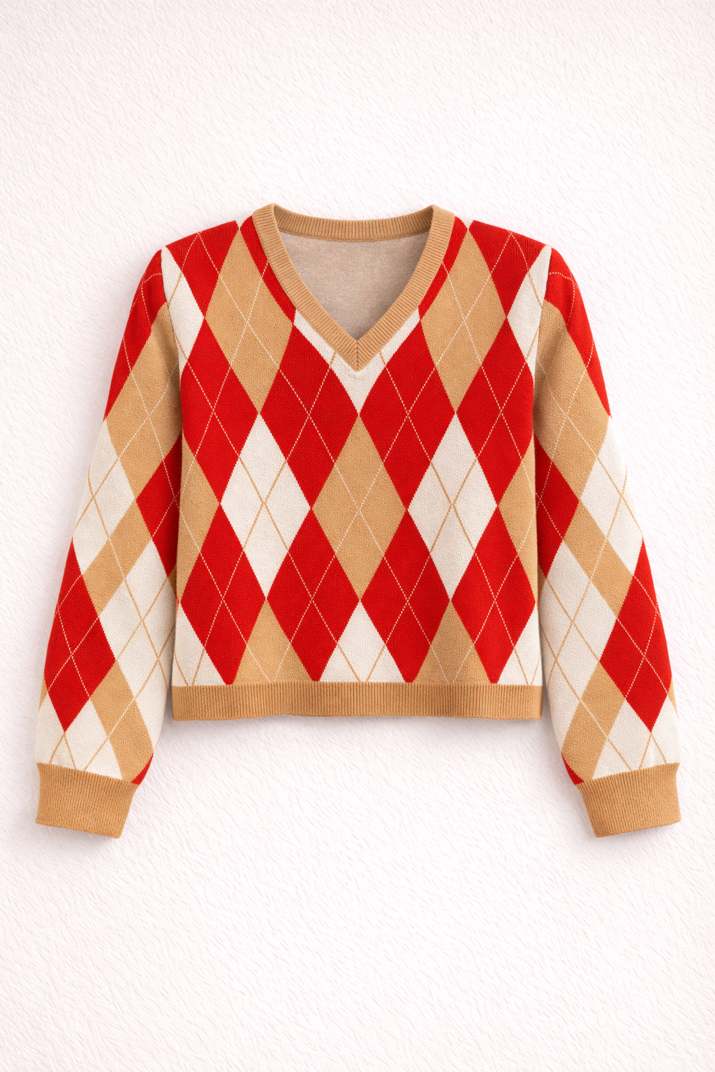 Red & Beige Argyle V-Neck Knit Sweater - Soft Luxury Jumper