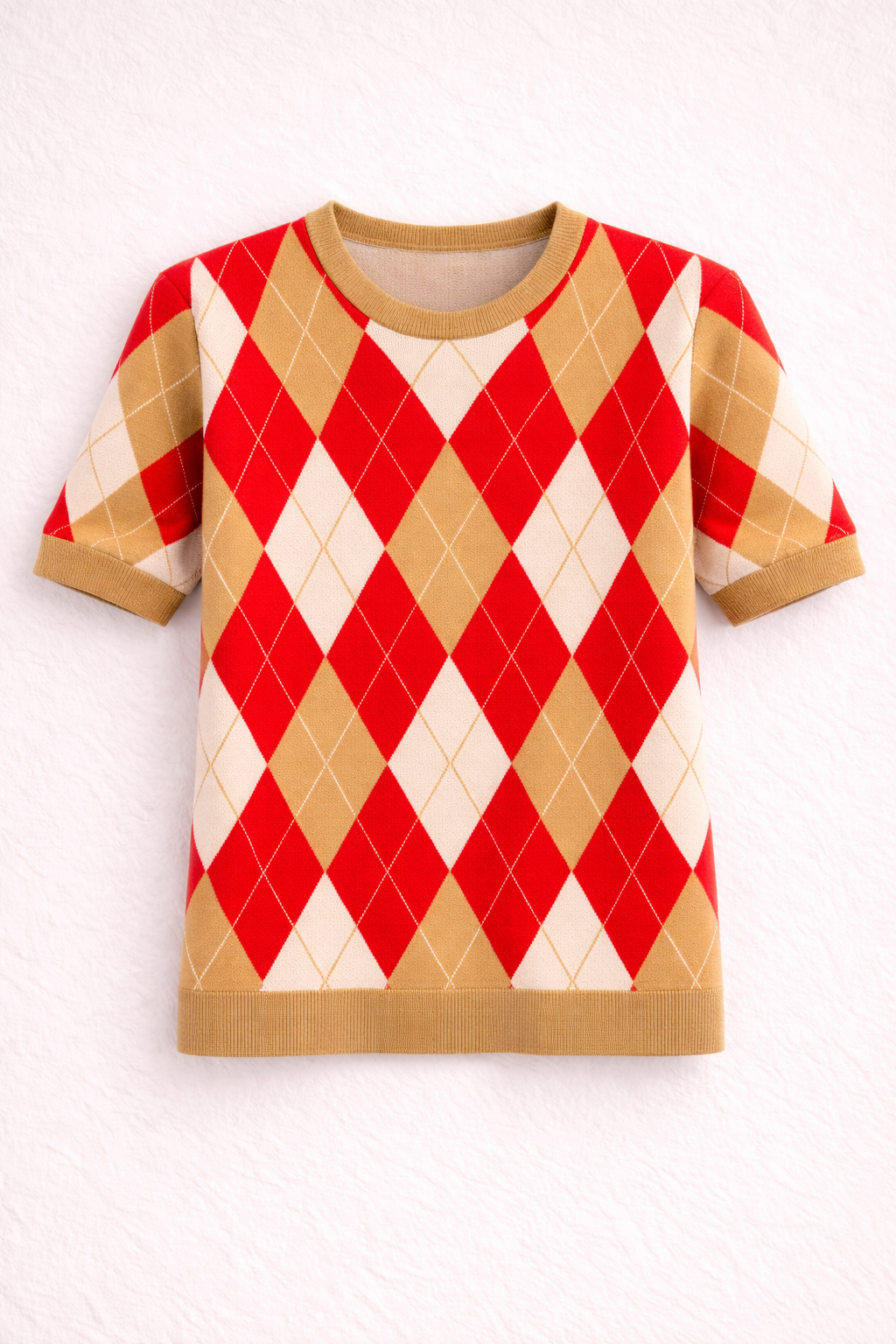 Red & Beige Argyle Knit Top - Short Sleeve Diamond Sweater