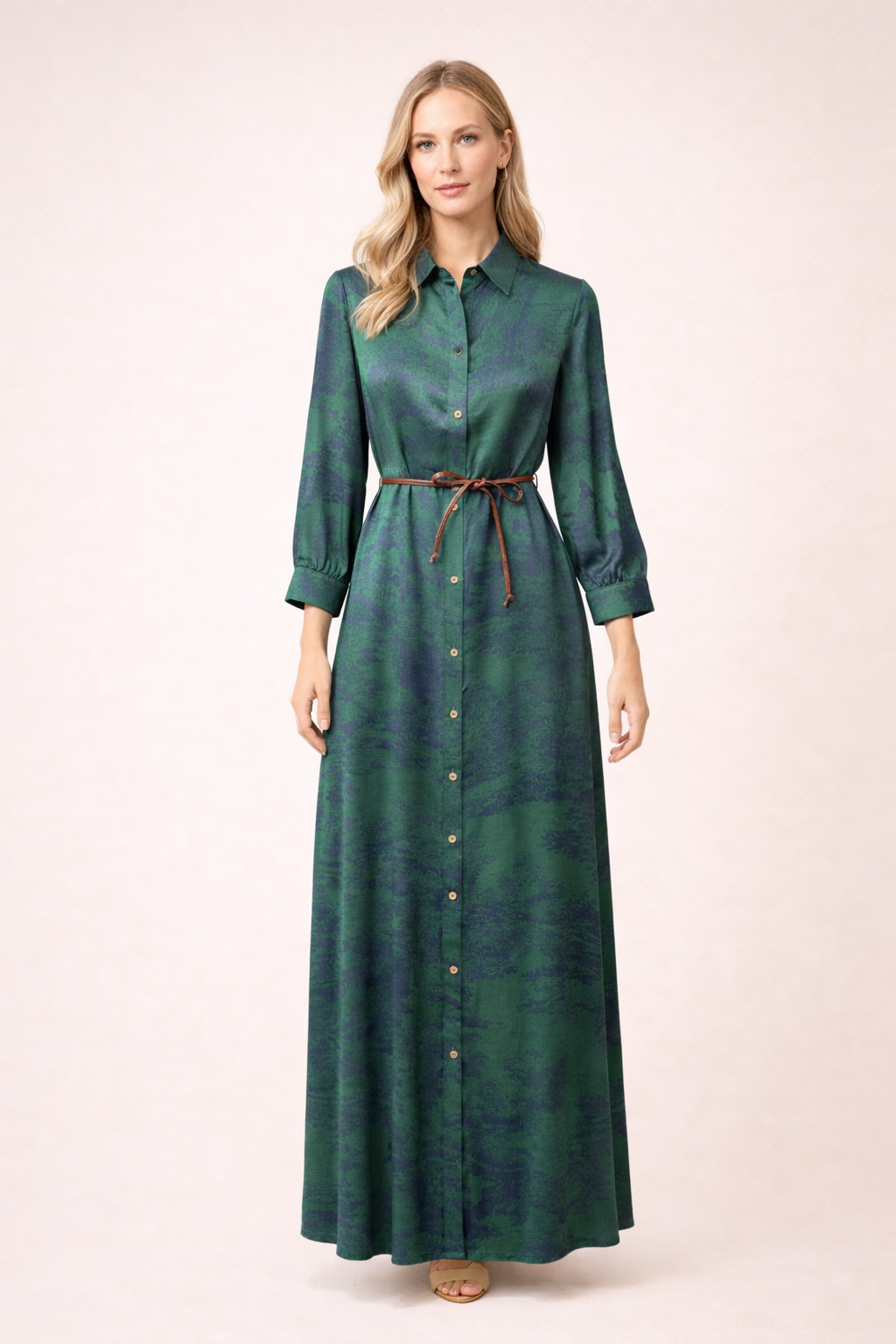 Emerald/Navy Print Maxi Shirt Dress