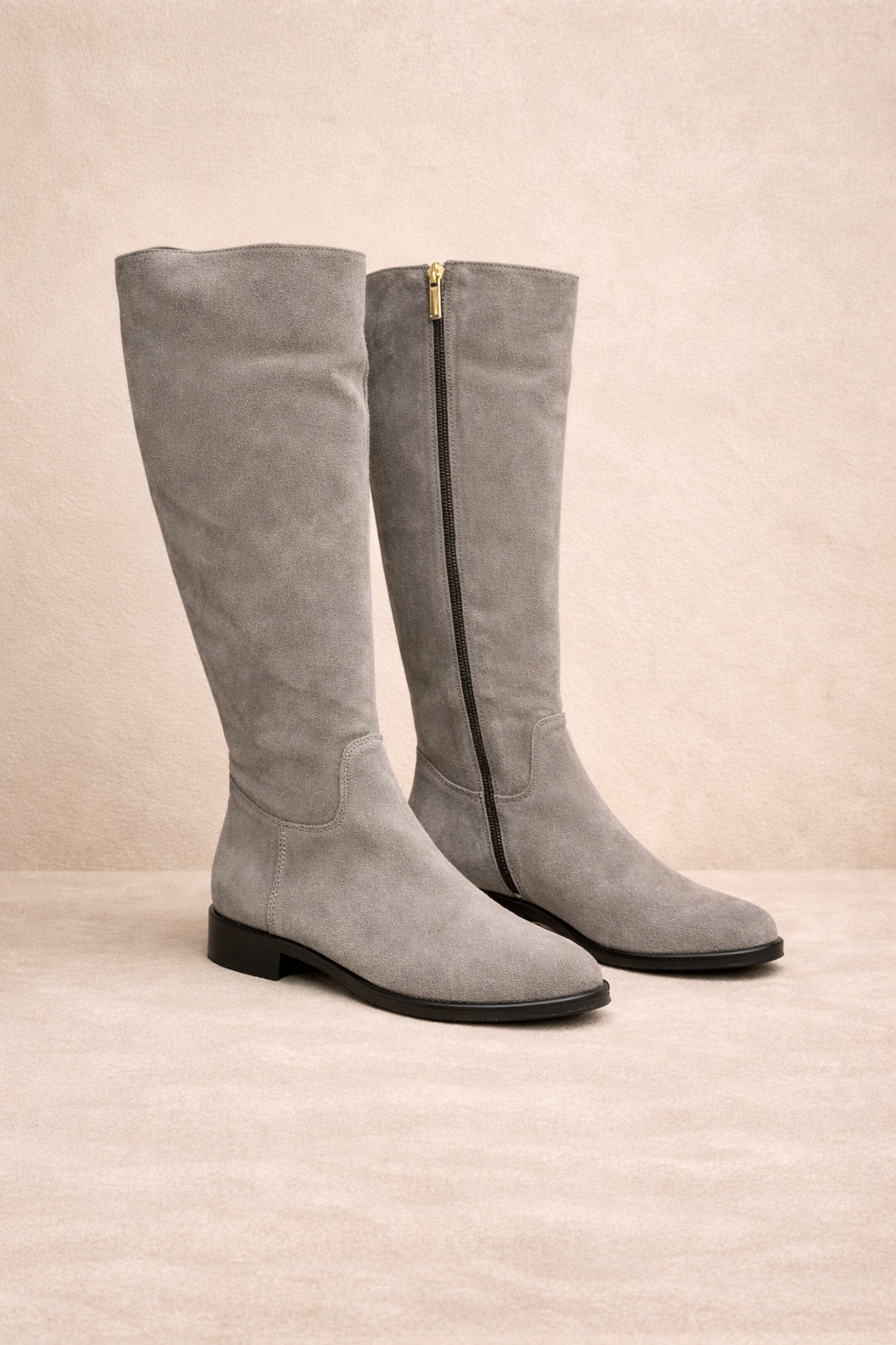 Taupe/Grey Suede Knee-High Flat Boots