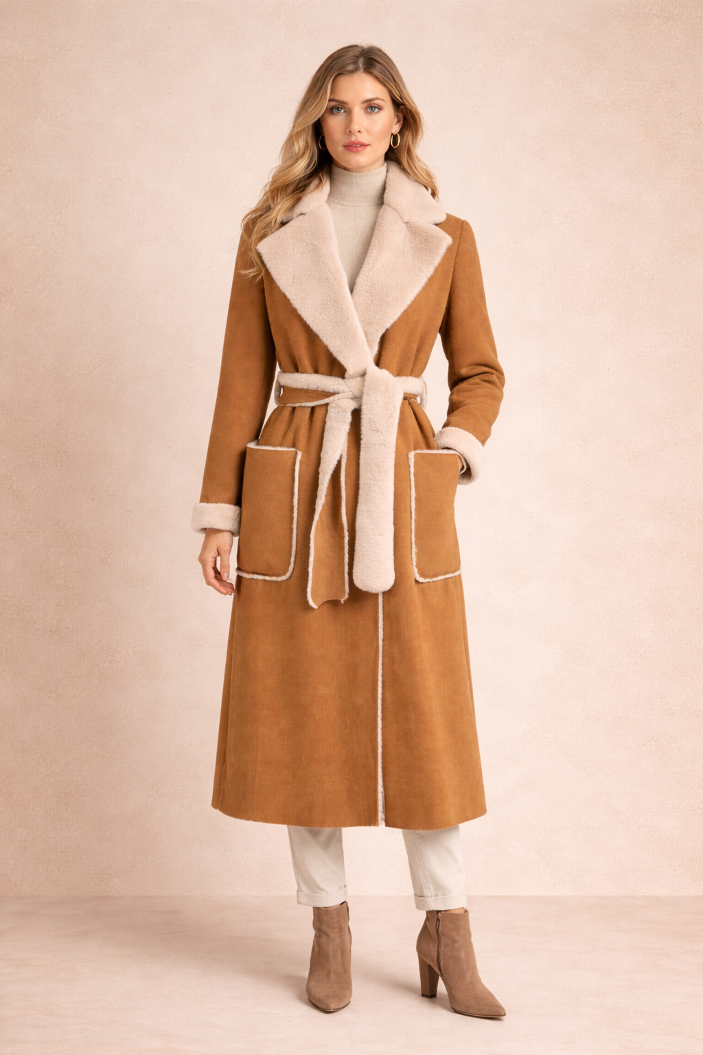 Camel Faux Shearling-Trim Wrap Coat