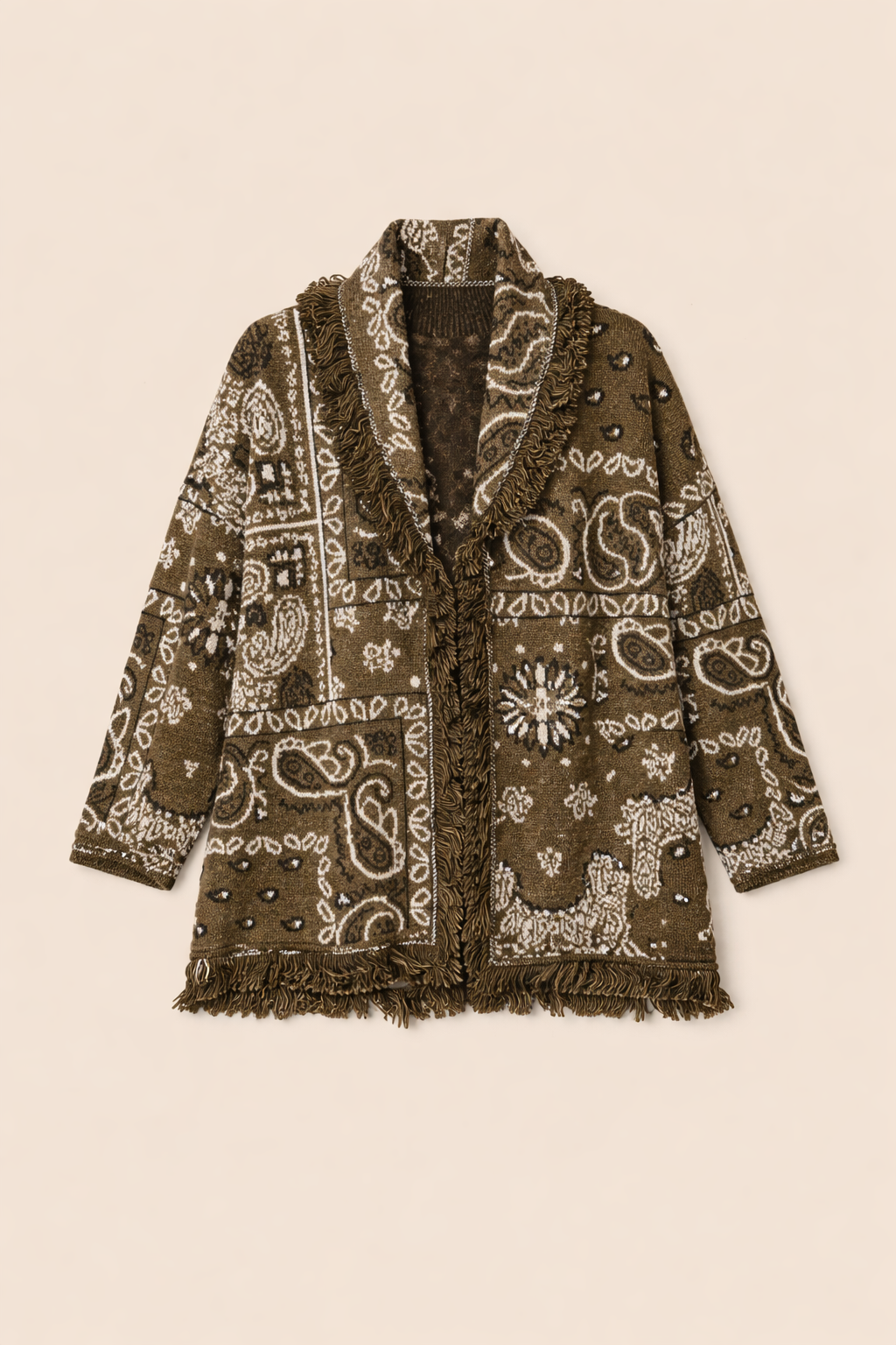 Olive Paisley Fringe Relaxed-Fit Cardigan