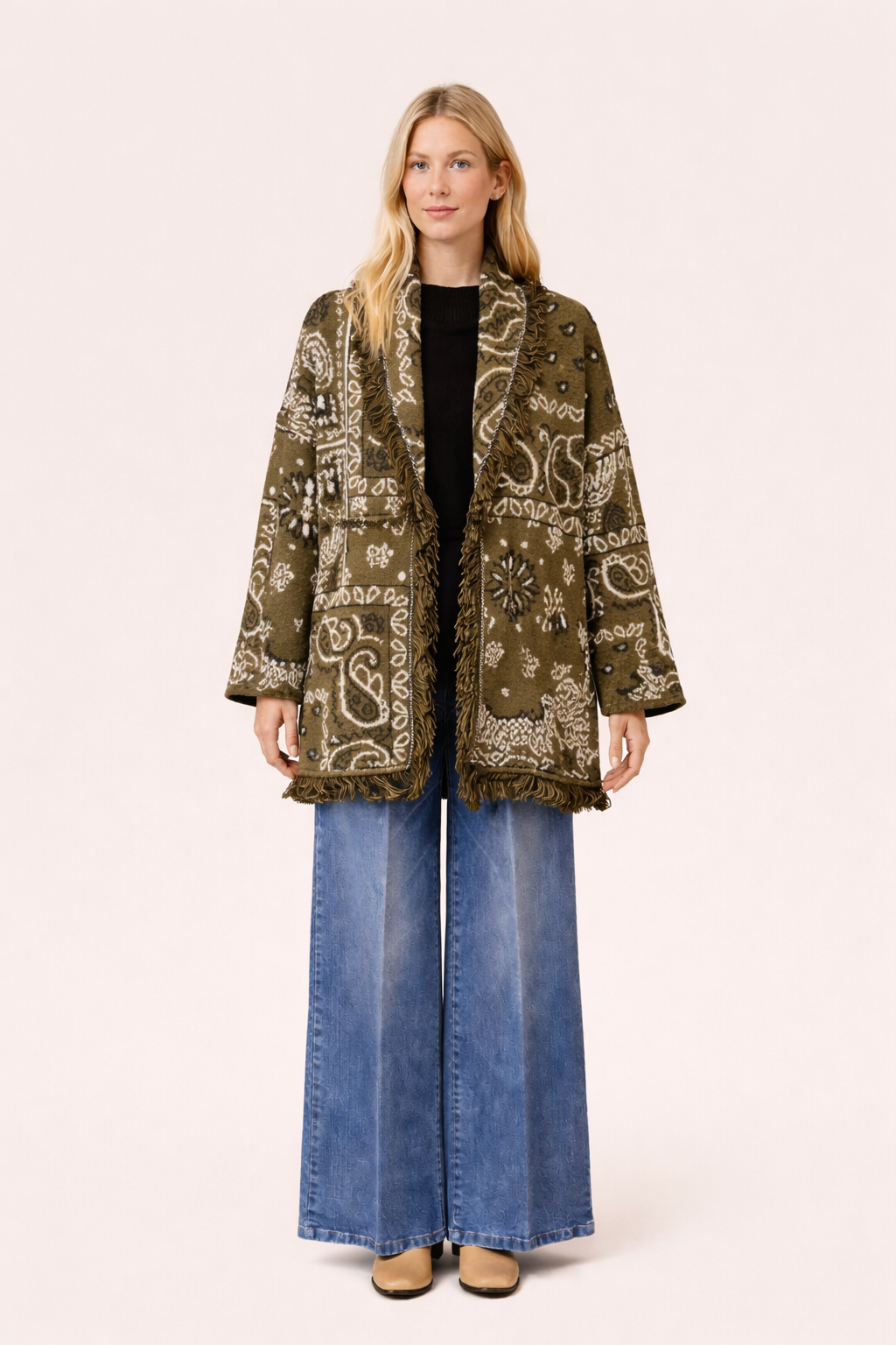 Olive Paisley Fringe Relaxed-Fit Cardigan