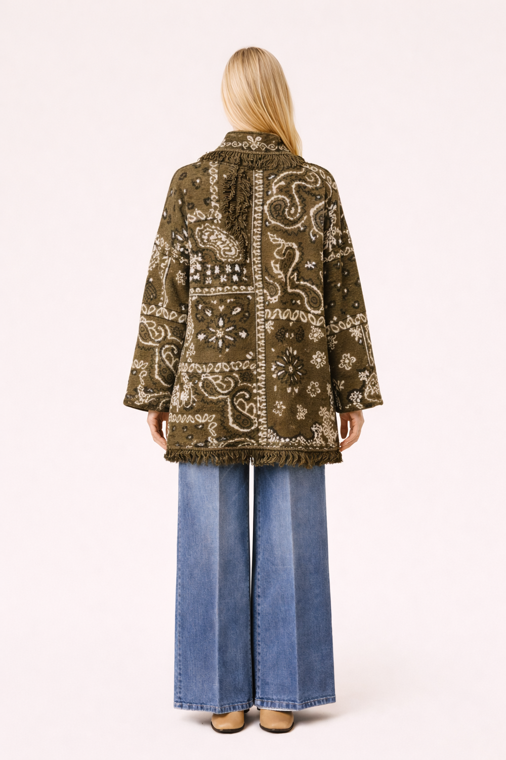 Olive Paisley Fringe Relaxed-Fit Cardigan