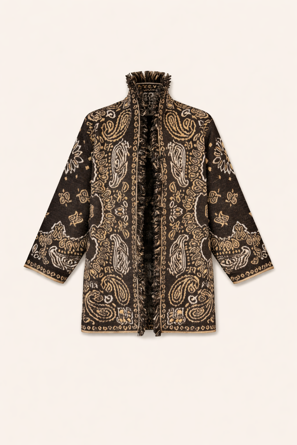 Brown Paisley Fringe Relaxed-Fit Cardigan