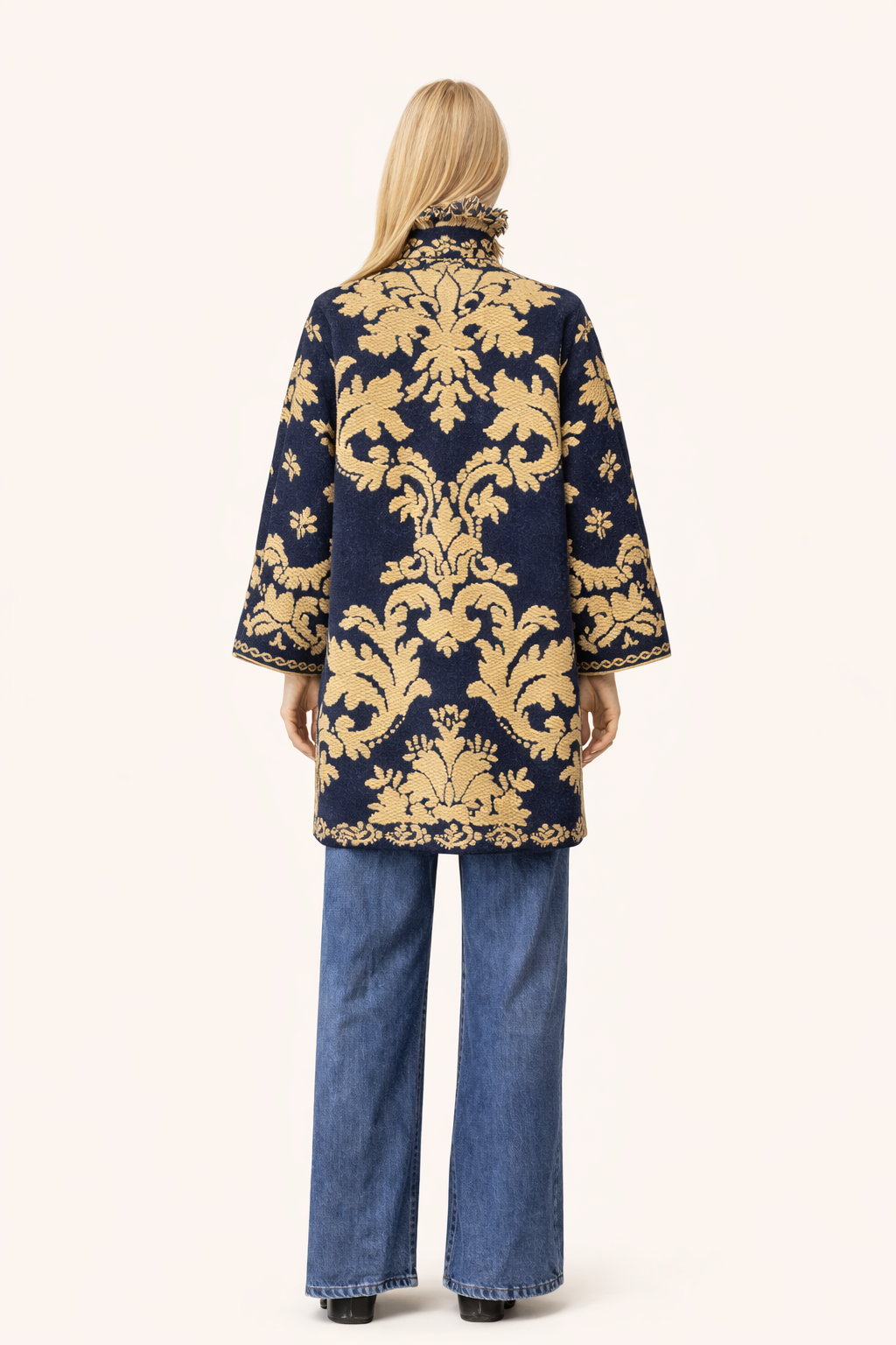 Navy Damask Fringe Relaxed-Fit Cardigan