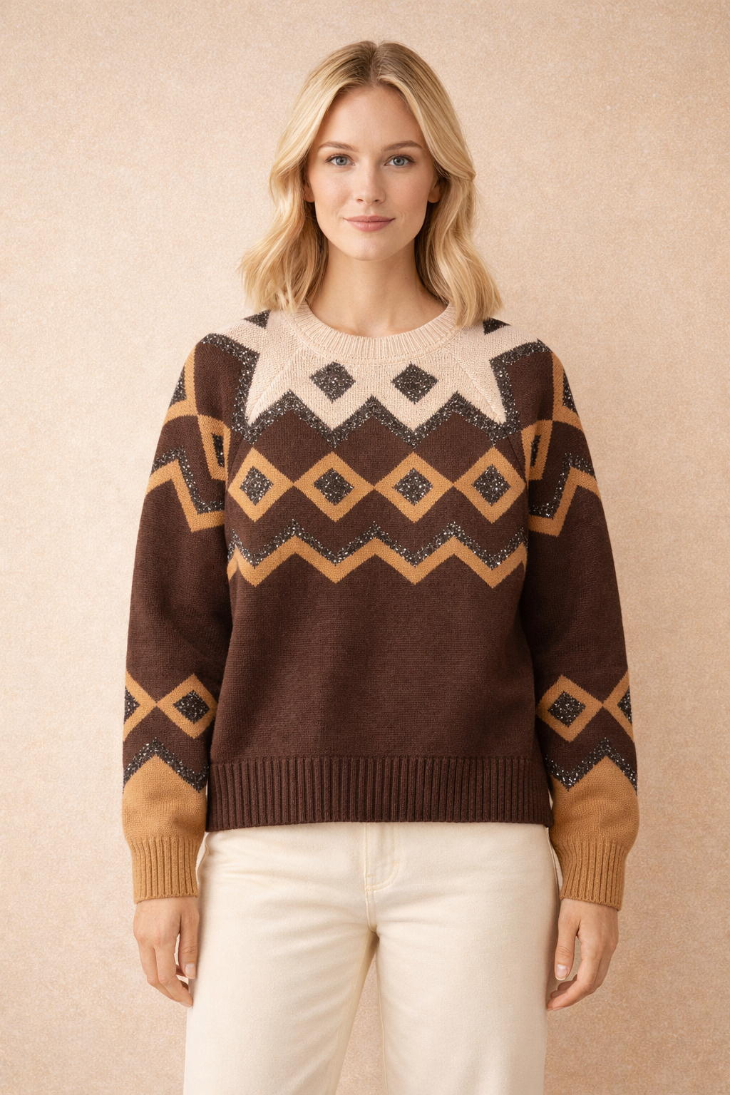 Sequin Fair Isle Knit Sweater - Chocolate Brown