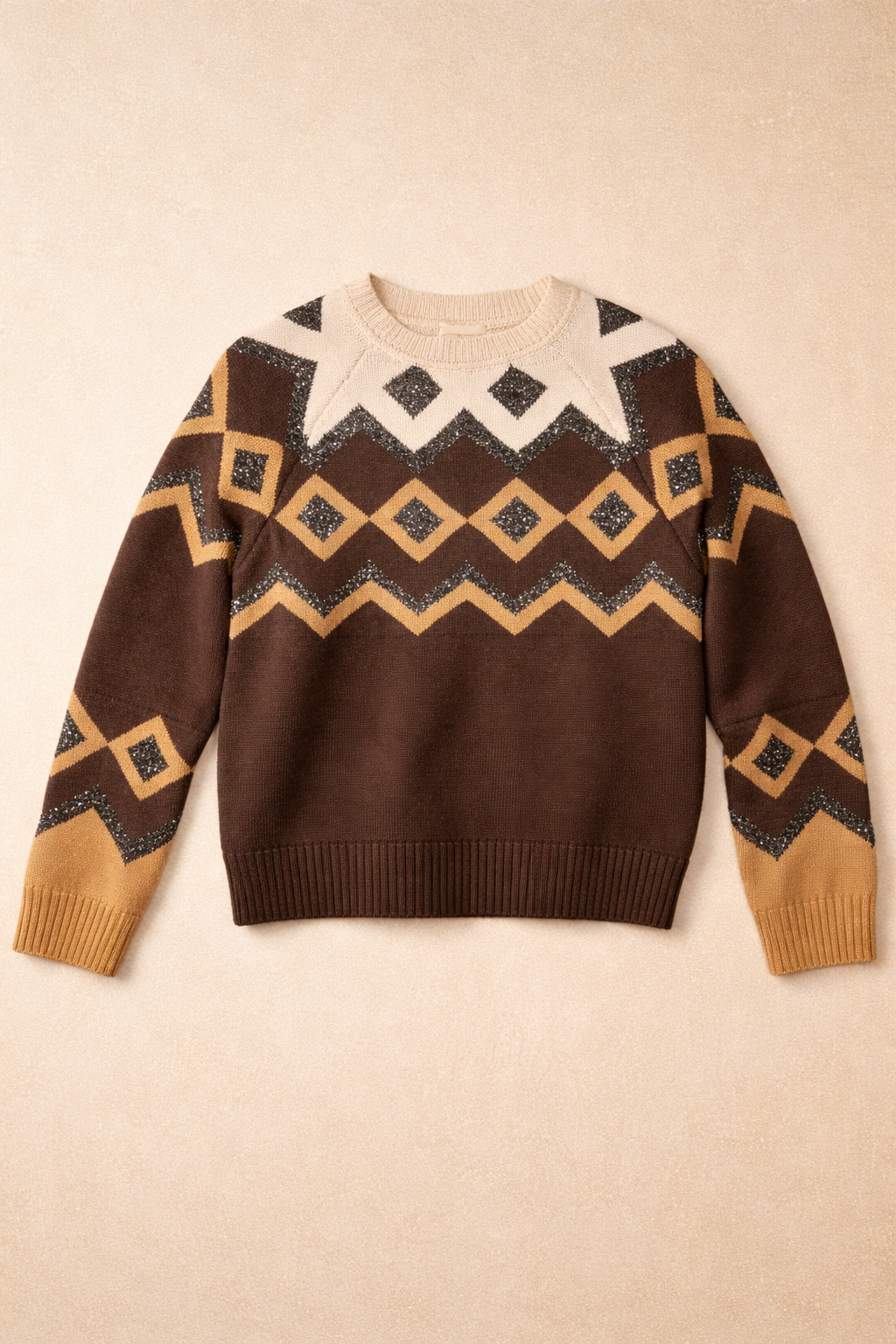 Sequin Fair Isle Knit Sweater - Chocolate Brown