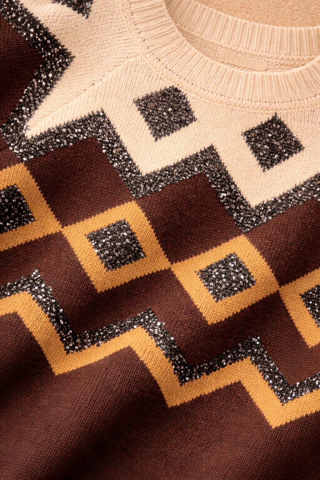 Sequin Fair Isle Knit Sweater - Chocolate Brown