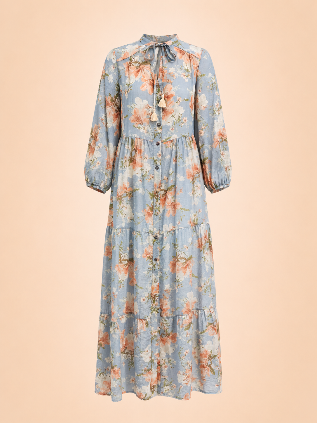 Blue Floral Maxi Dress With Long Sleeves & Tie Neck - Women's Boho Dress