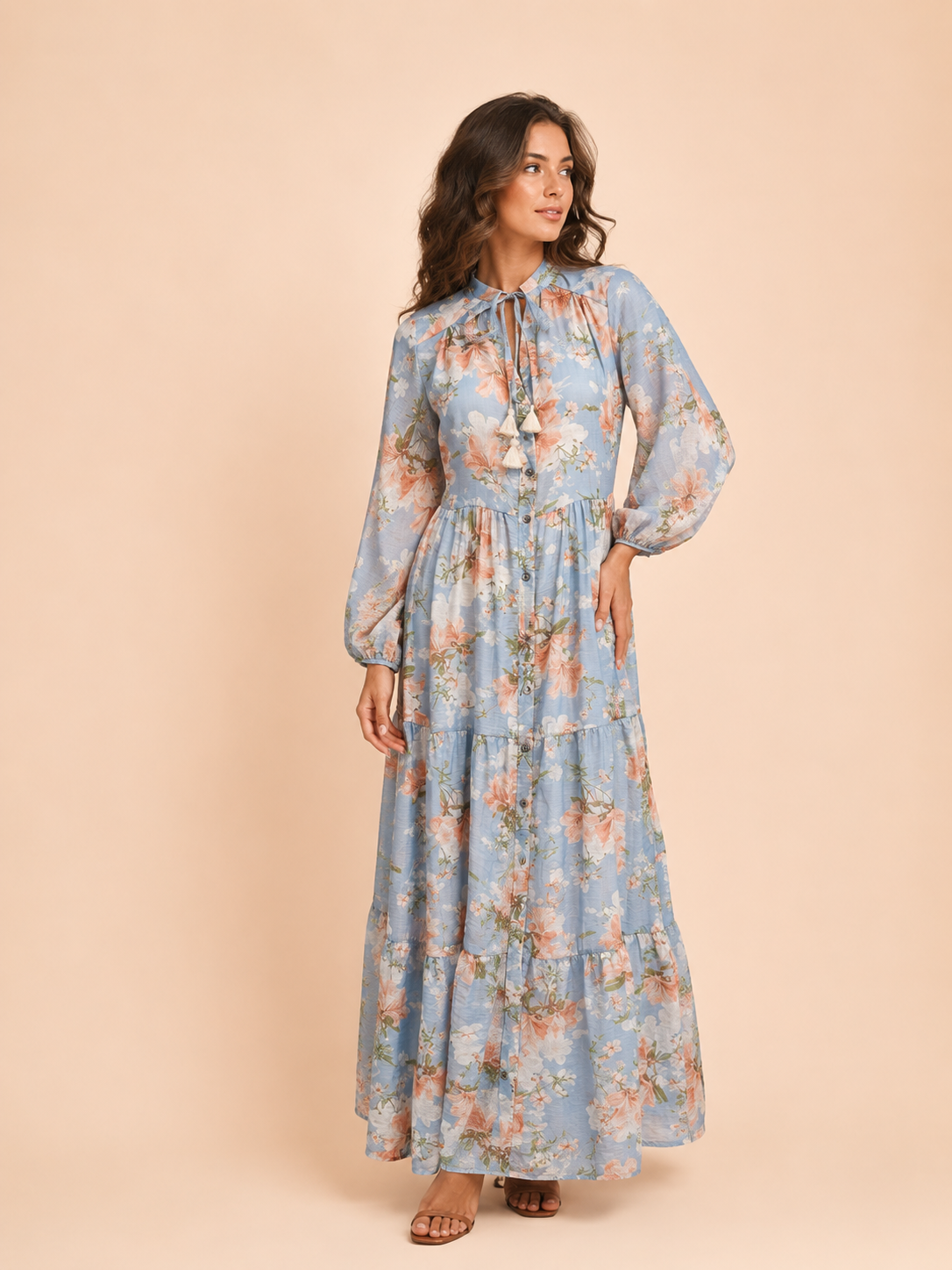 Blue Floral Maxi Dress With Long Sleeves & Tie Neck - Women's Boho Dress