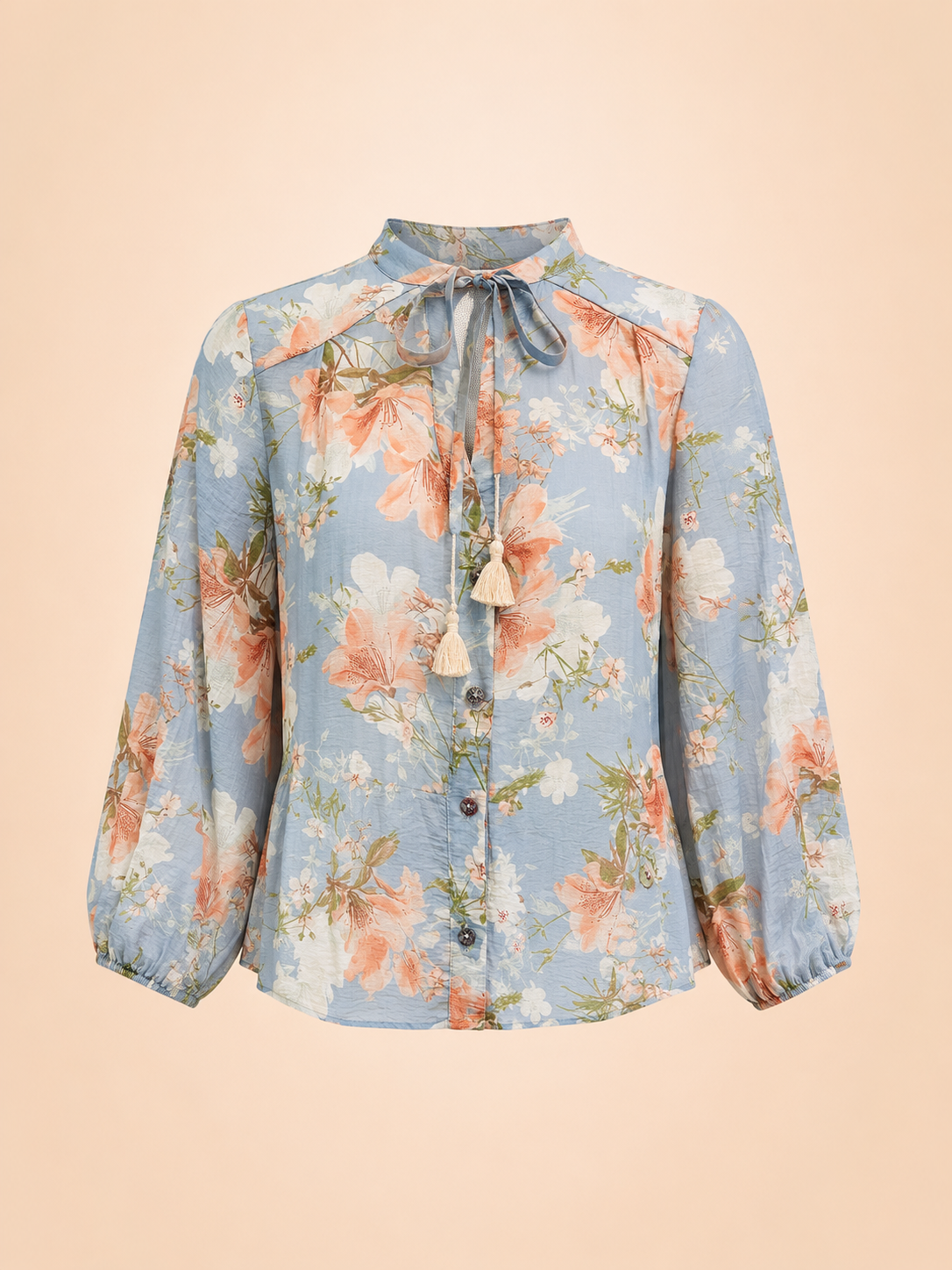 Blue Floral Tie Neck Blouse With Long Sleeves - Women's Boho Blouse