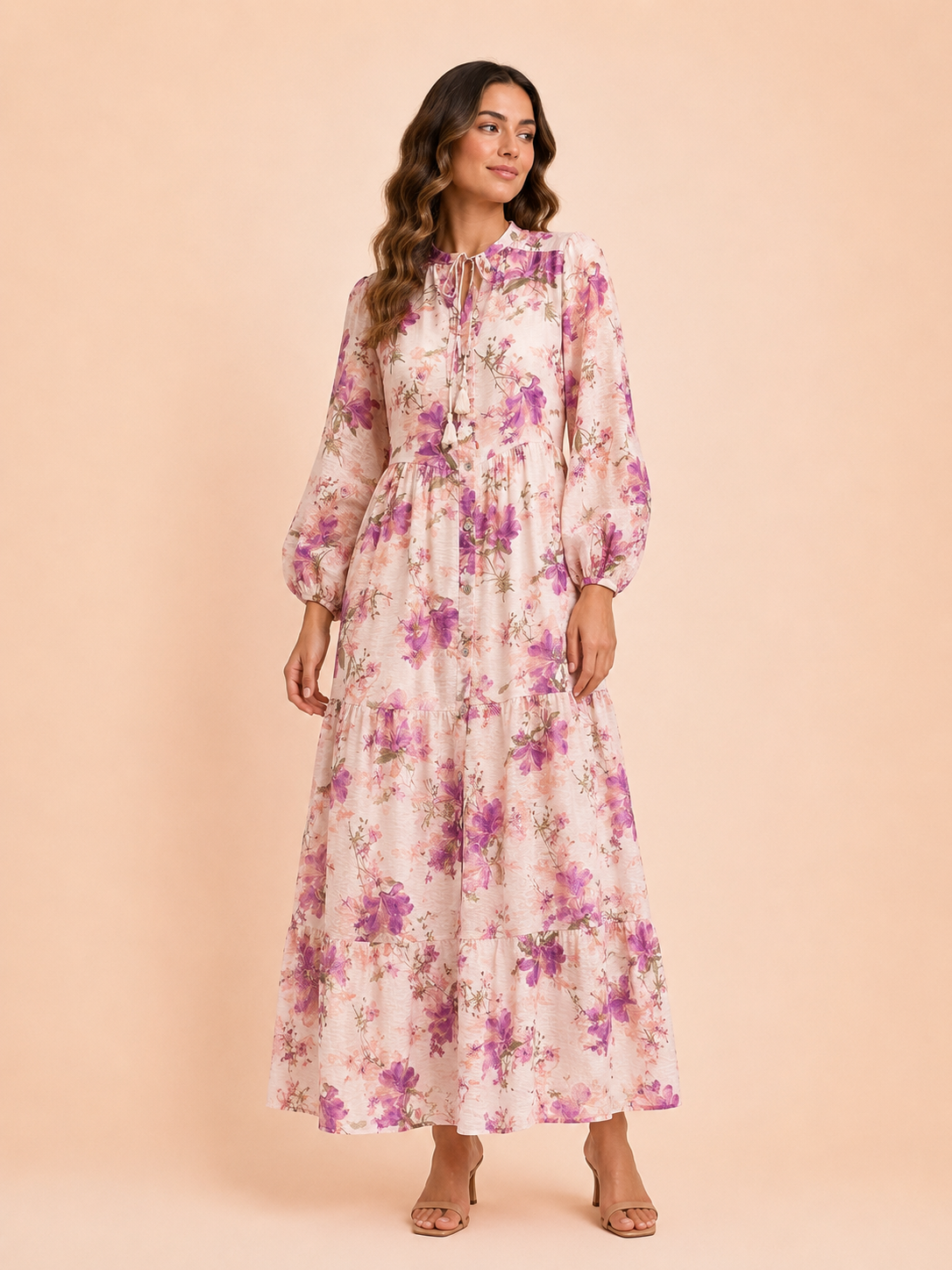 Pink Floral Maxi Dress With Long Sleeves & Tie Neck - Women's boho dress