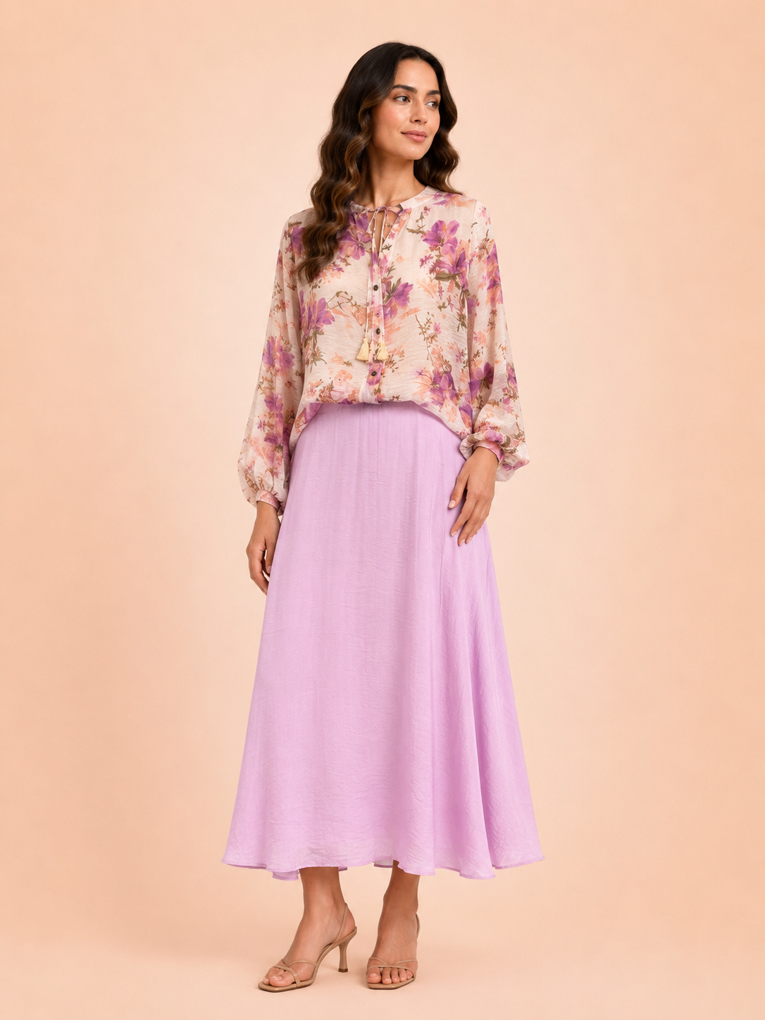 Pink Floral Tie-Neck Blouse - Elegant Women's Long Sleeves Floral Top