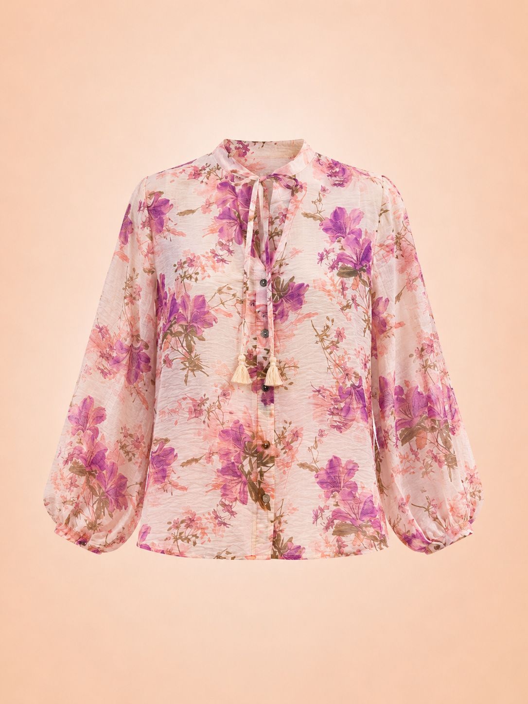 Pink Floral Tie-Neck Blouse - Elegant Women's Long Sleeves Floral Top