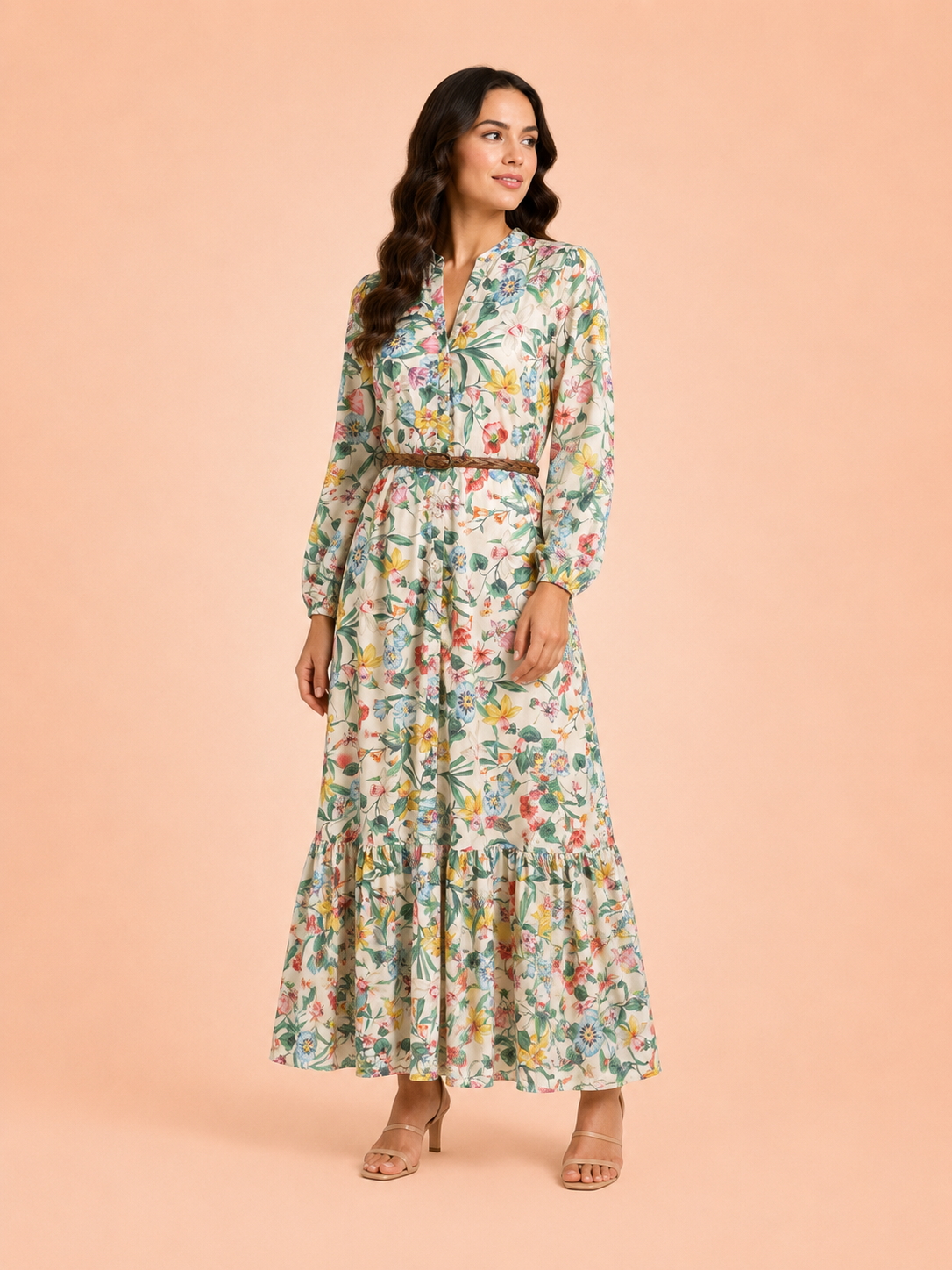 Cream Botanical Print Belted Maxi Dress - Elegant Long Sleeve Dress