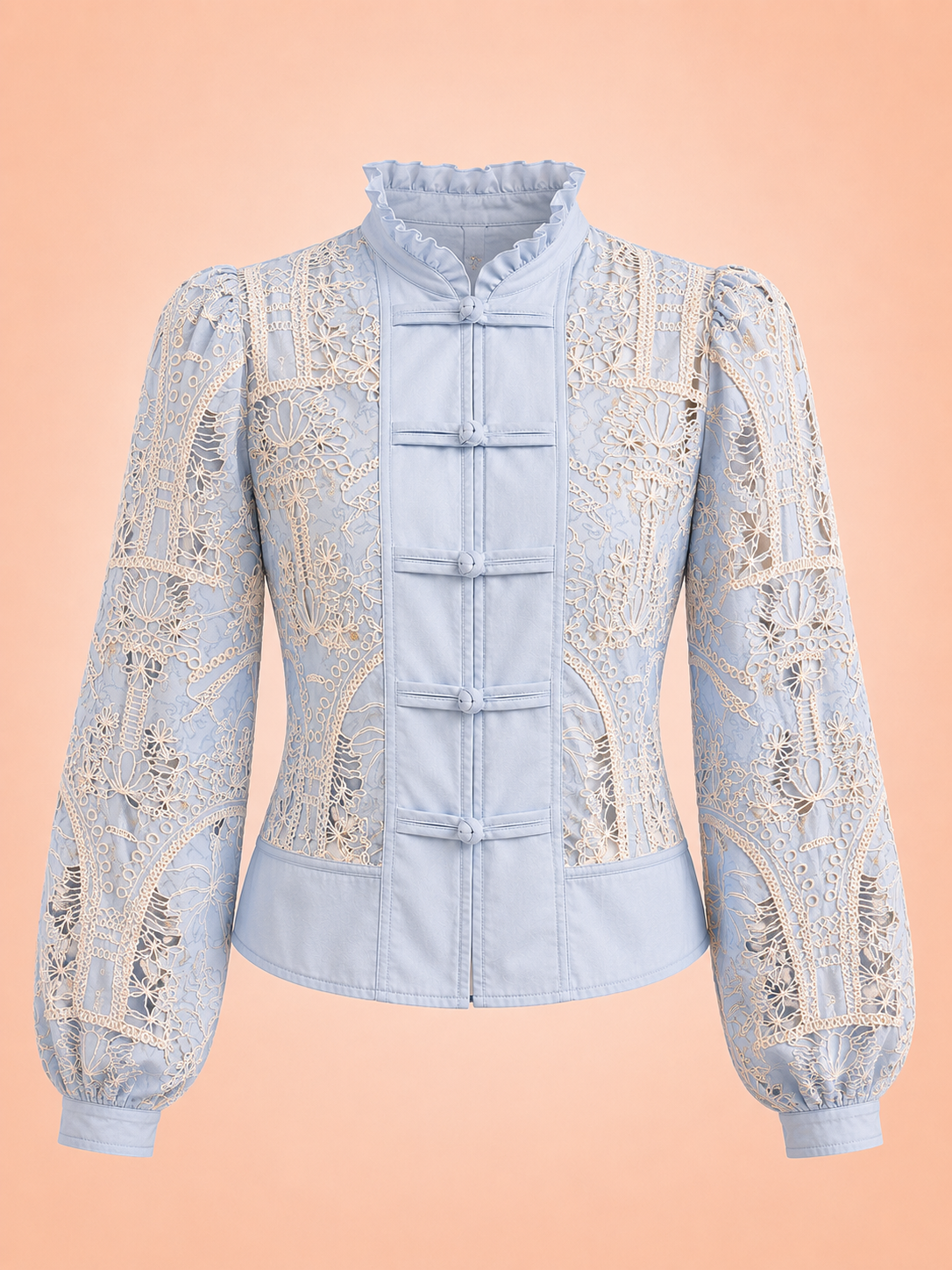 Light Blue Embroidered Jacket With Cream Stitching - Elegant Women's Statement Jacket